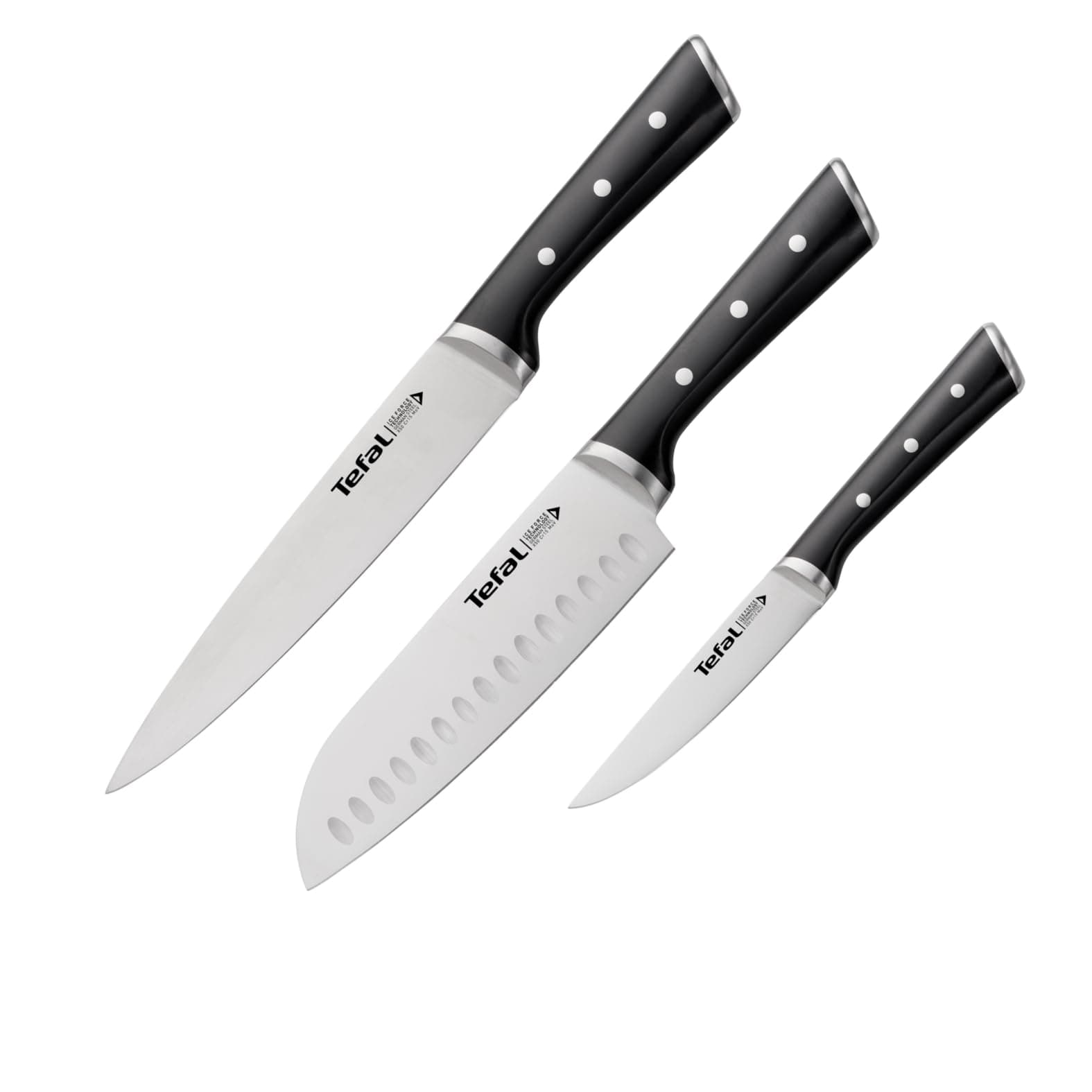 Tefal Ice Force 3er Set, Fleischmesser 20 cm, Santokumesser 18 cm, Universalmesser 11 cm, Edelstahl, schwarz, K232S3