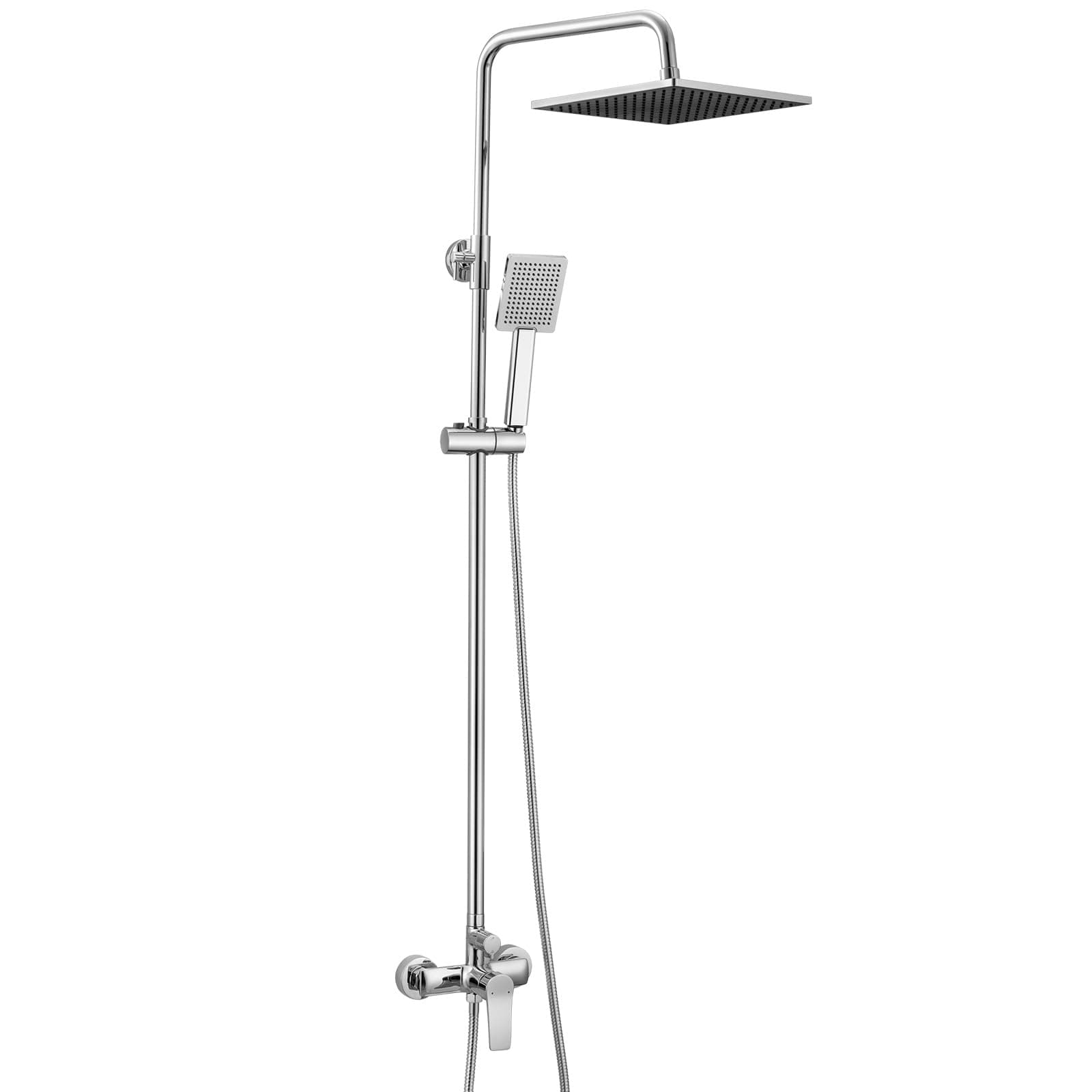 Auralum Columna de Ducha de Latón, Rociador Ducha Cuadrado 25,4 × 25,4 cm, Barra de ducha Altura Regulable 93-130 cm, Cmpatible con Agujeros Existentes, con Alcachofa Cuadrado para Baño, Cromo