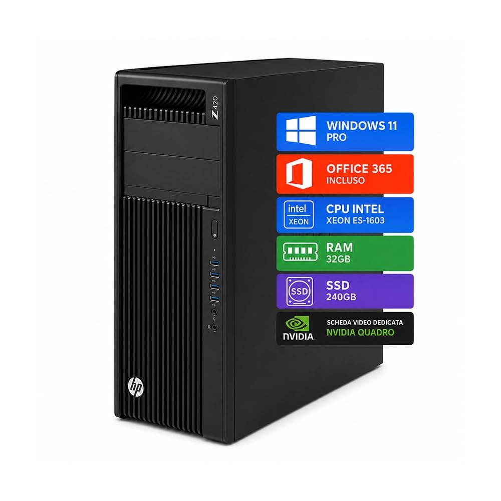 HP Z420 Workstation per CAD e Uffici Tecnici • Intel Xeon E5-1603 • 32GB RAM • SSD 240GB • NVIDIA Quadro K4200 4GB GDDR5 • Windows 11 Pro - Office 365 free • WiFi • Ricondizionata