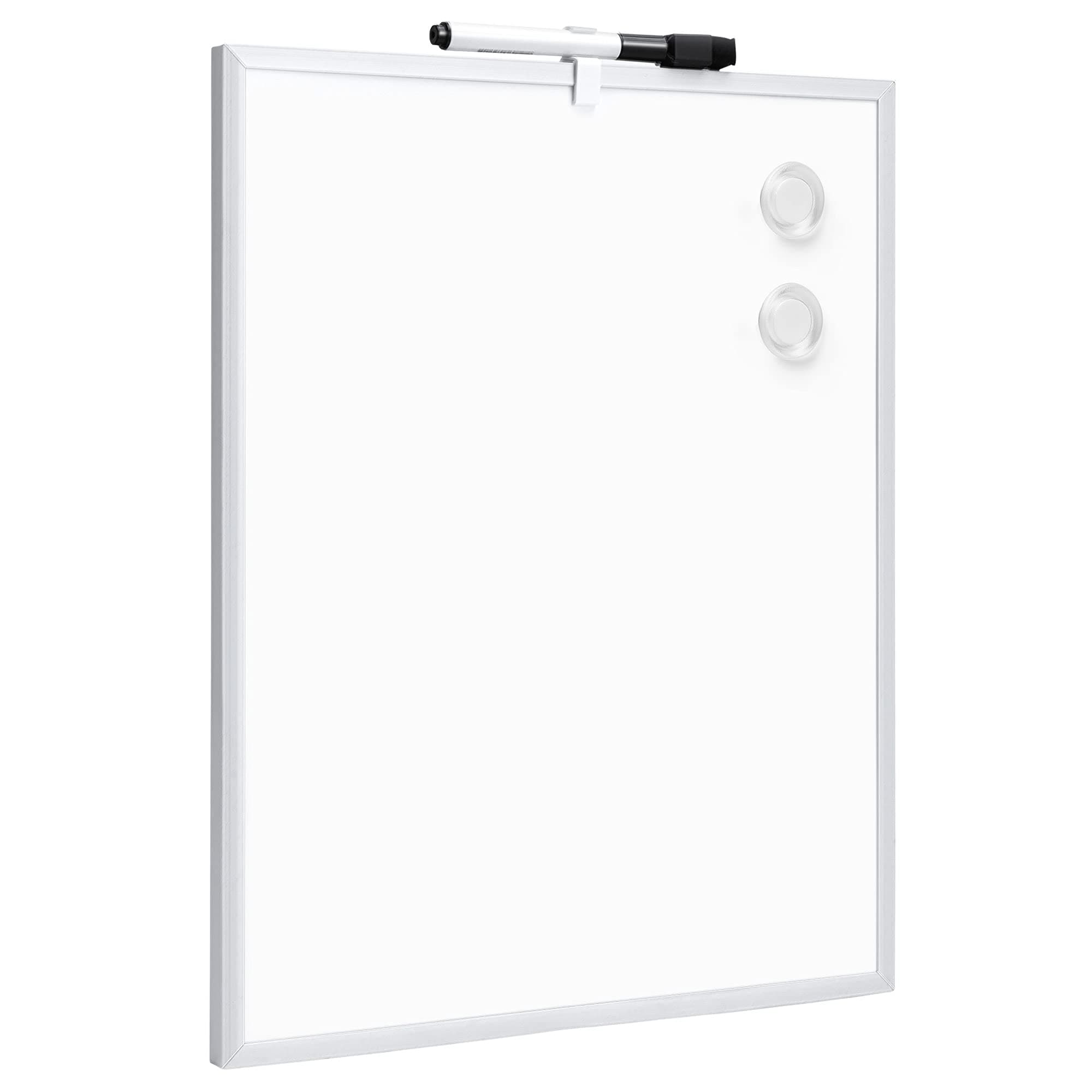 Amazon Basics - Lavagna Bianca Magnetica Cancellabile a Secco, Cornice in Alluminio, Bacheca Magnetica, Montaggio a Parete Adesivo, per Casa, Ufficio, Scuola, 28cm x 36cm