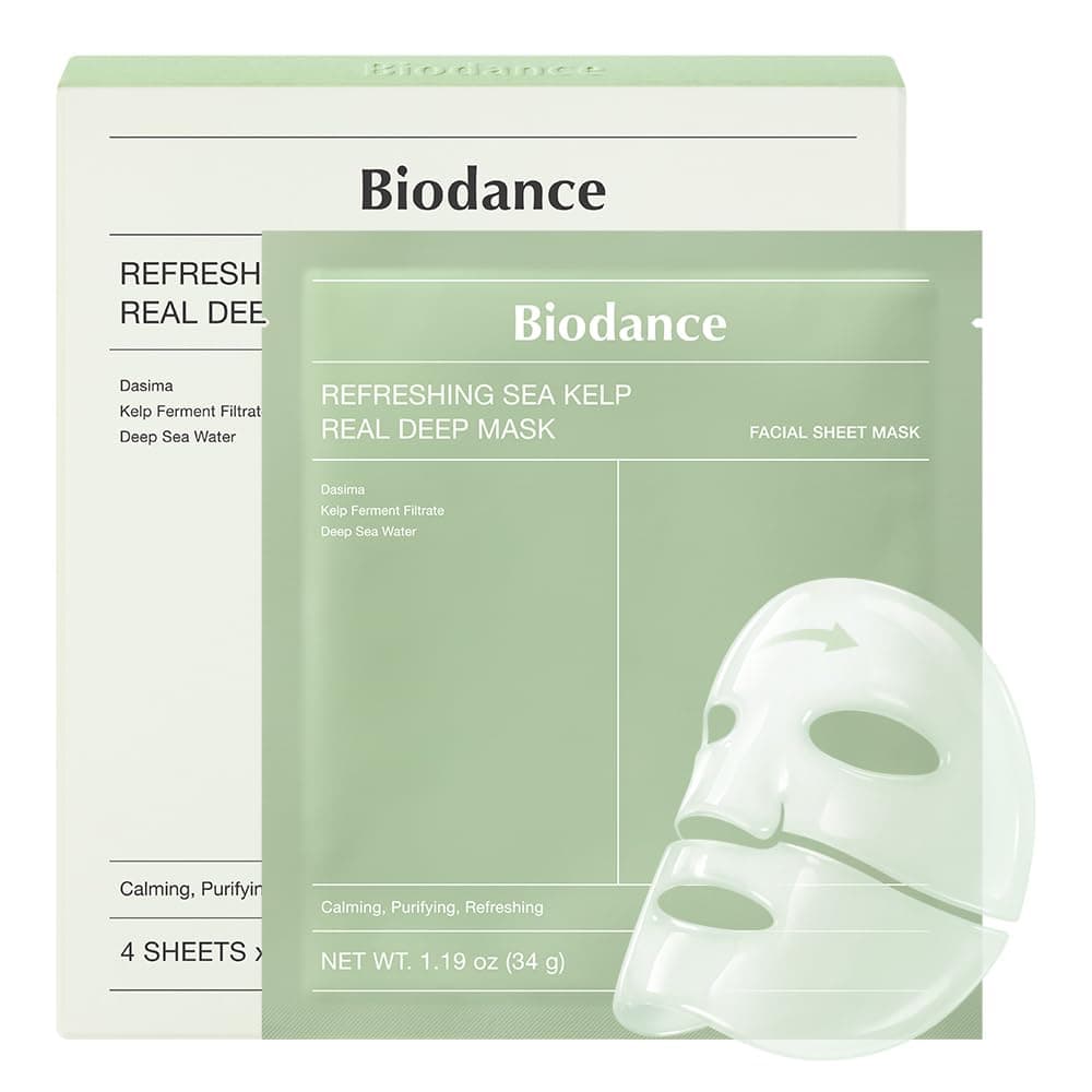BIODANCE Refreshing Sea kelp Real Deep Mask, Overnight Hydrogel Mask, Calming, Oil & Sebum Control, Blemish Care, Korean Skin Care, Gifts for Women | 1.19oz(34g) x 4ea