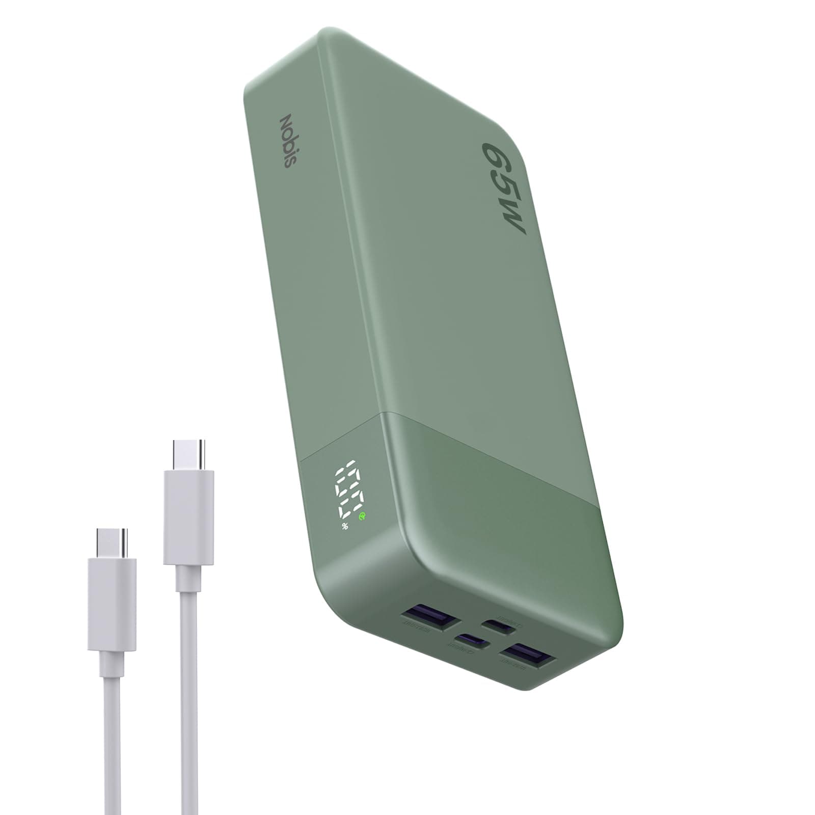 NOBIS 65W Batterie Externe 20000mAh, Batterie Externe Charge Rapide PD QC, 2*USB-C (in/Out) & 2*USB-A Power Bank avec écran Digital pour Ordinateur Portable, téléphone, Tablette, écouteurs