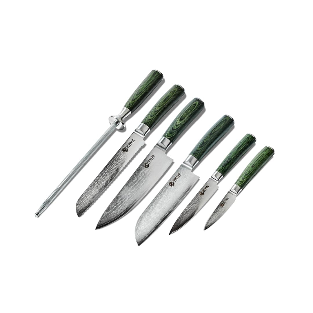 HexClad Juego de Cuchillos Esenciales de 6 Piezas, Hojas de Acero Inoxidable de Damasco Japonés, Mango de Madera de Pakka