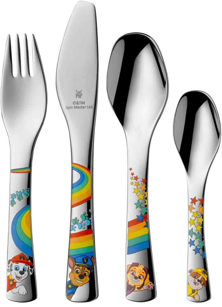 WMF Patrulla Canina - Cubertería para niños 4 piezas (tenedor, cuchillo de mesa, cuchara y cuchara pequeña)WMF Kids infantil Acero Inoxidable Cromargan Apto para lavavajillas