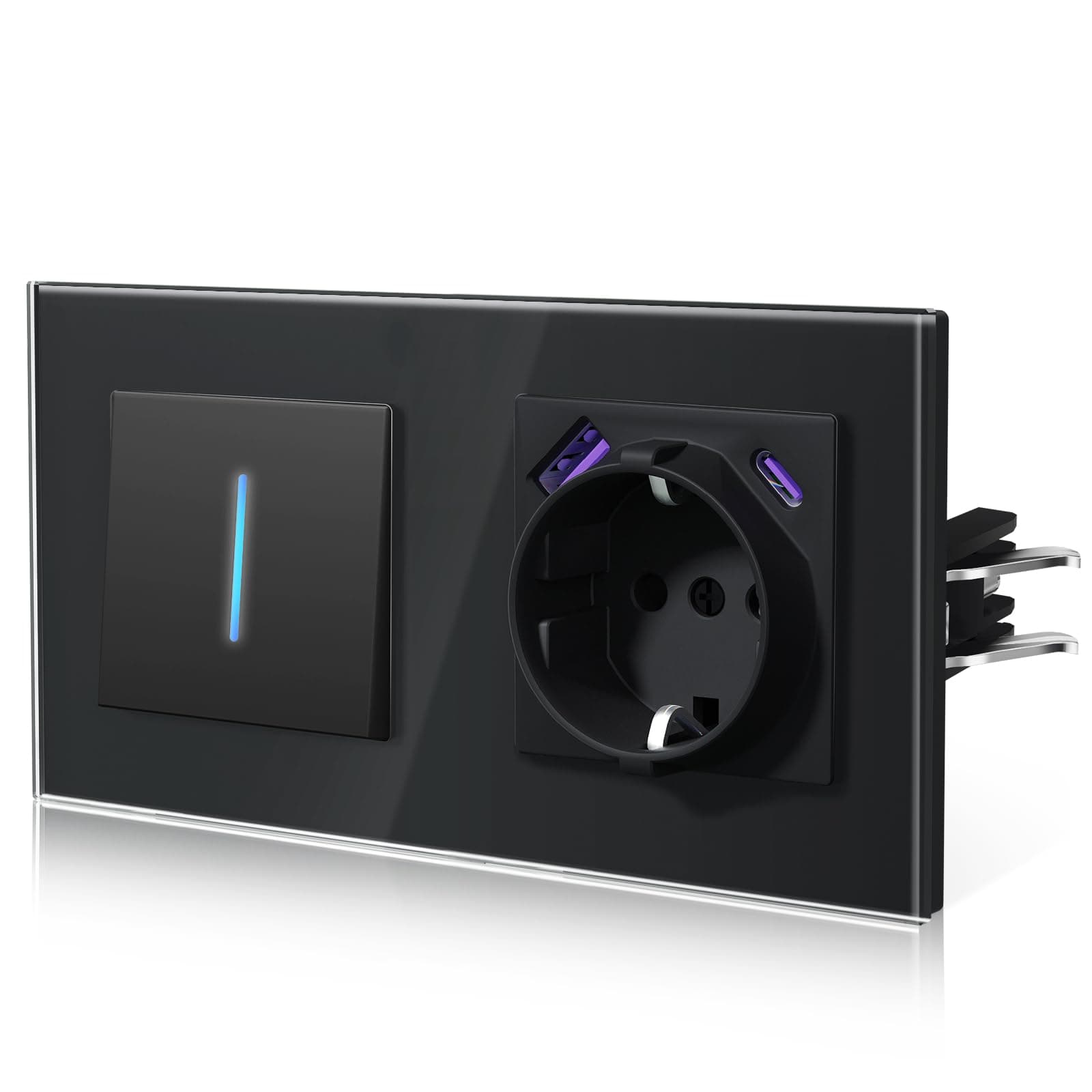 BSEED Lichtschalter mit Steckdose USB C 20W, Schnellladen Wandsteckdose mit Unterputz Schalter, Wechselschlter Mit Krallen, NEU E-Serie,1 Fach 1 Weg,Schwarz 157mm