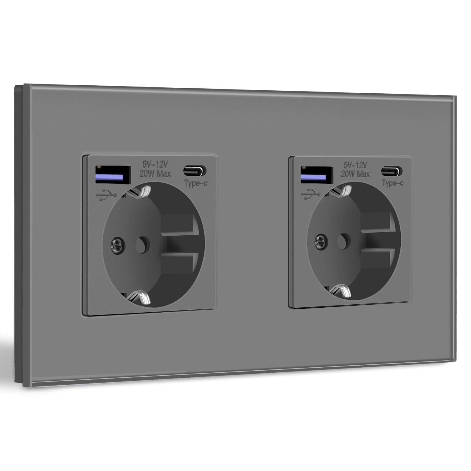 BSEED Schuko Steckdose mit USB C 20W Schnellladegerät USB Type C Wandsteckdose mit Glas Panel, 2 Fach Steckdose, USB Steckdose Unterputz, Einbausteckdose Geeignet für Phone, Pad, MP3 und mehr-Grau