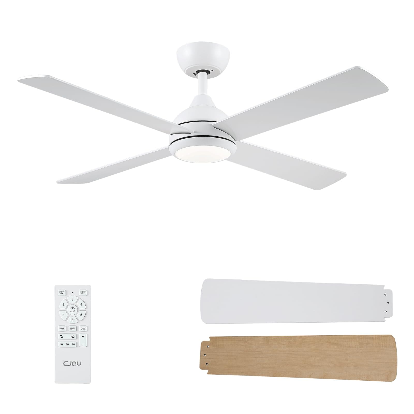 CJOY Ventilador de Techo con Luz 122 cm, Ventilador de Techo con Luz Silencioso y Mando Blanco/Madera 4 Aspas, Reversible CC, 6 Velocidades, 3 CCT Regulable, Temporizador, Para Dormitorio/Casa