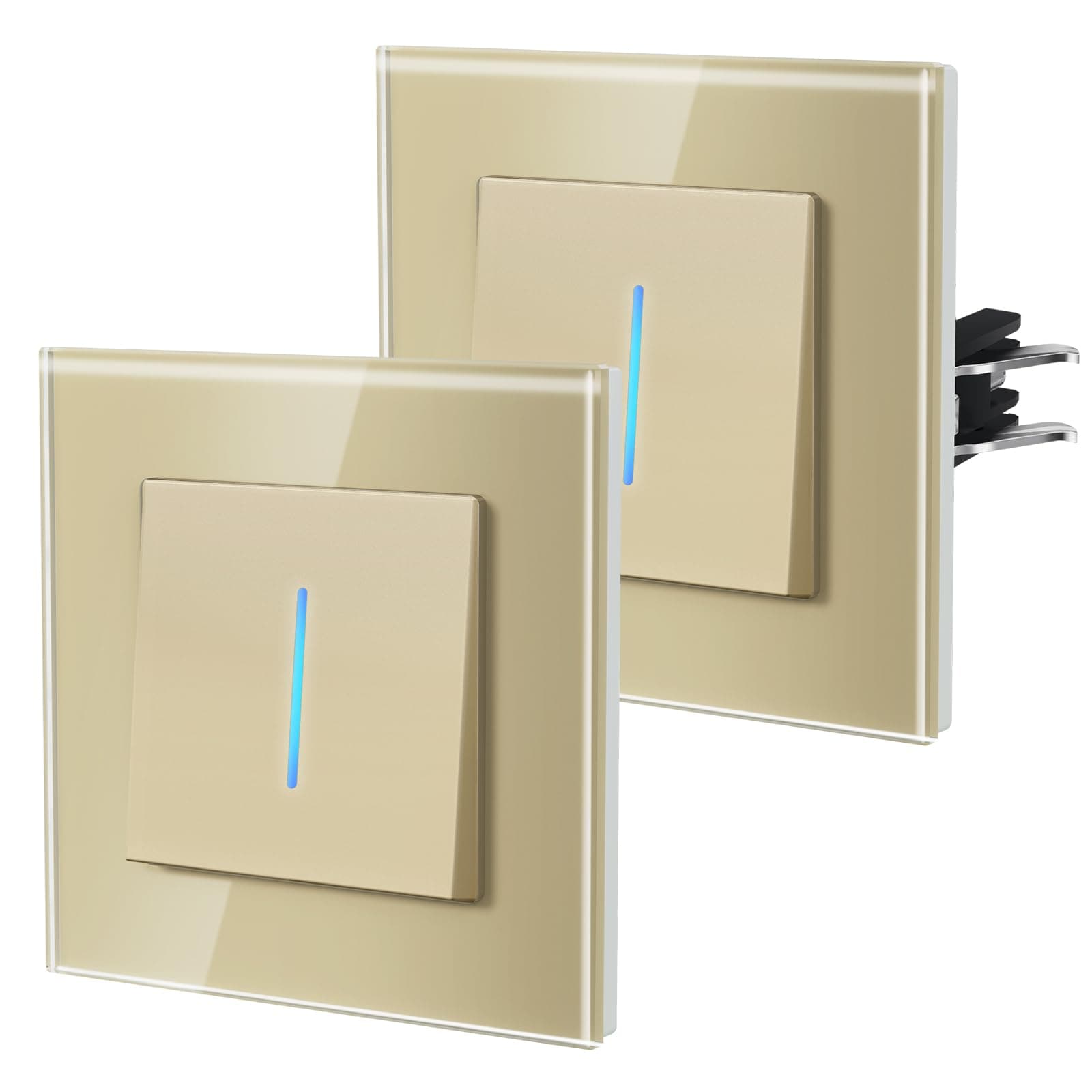 BSEED Lichtschalter aus Glas,Unterputz Schalter mit Krallen, Wechselschalter mit Hintergrundlicht, Einfach Montage, NEU E-Serie,1 Fach 1 Weg - 2Pack,86mm Gold