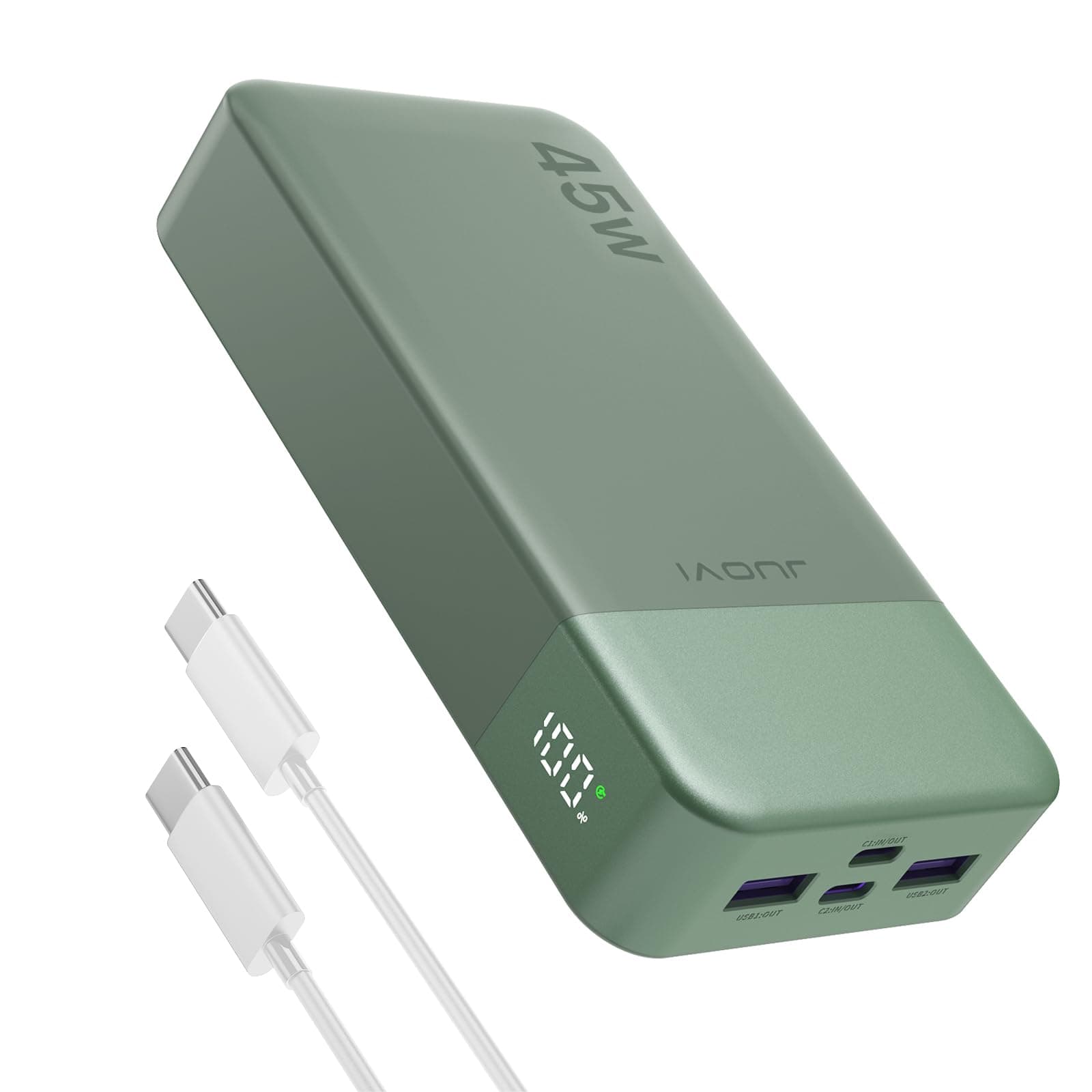 JUOVI Power Bank 20000mAh Portatile, 45W Powerbank Caricatore Portatile Ricarica Rapida, Batteria Portatile con Display Digitale, USB C In&Out Compatibile con Phone, Laptop, Tablet, PC J2621 (Verde)