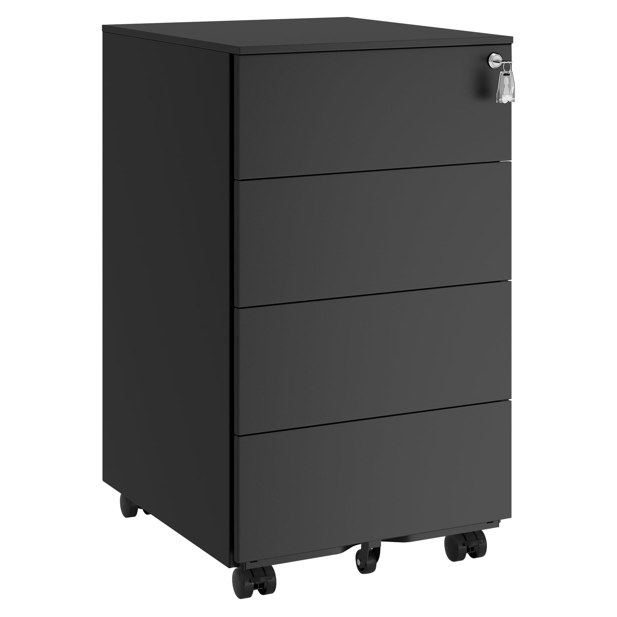 SONGMICS Schubladenschrank, Rollcontainer, mobiler Aktenschrank, Metallschrank, Druckertisch, abschließbar, 4 Schubladen, vormontiert, Büro, Homeoffice, 45 x 39 x 69 cm, tintenschwarz OFC064B16