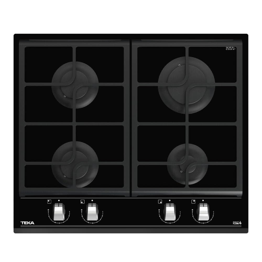 TEKA Placa Cristal Gas 60 cm, 4 Quemadores, ExactFlame, Vidrio Cerámico, Autoencendido, Modelo GZC 64300 XBN