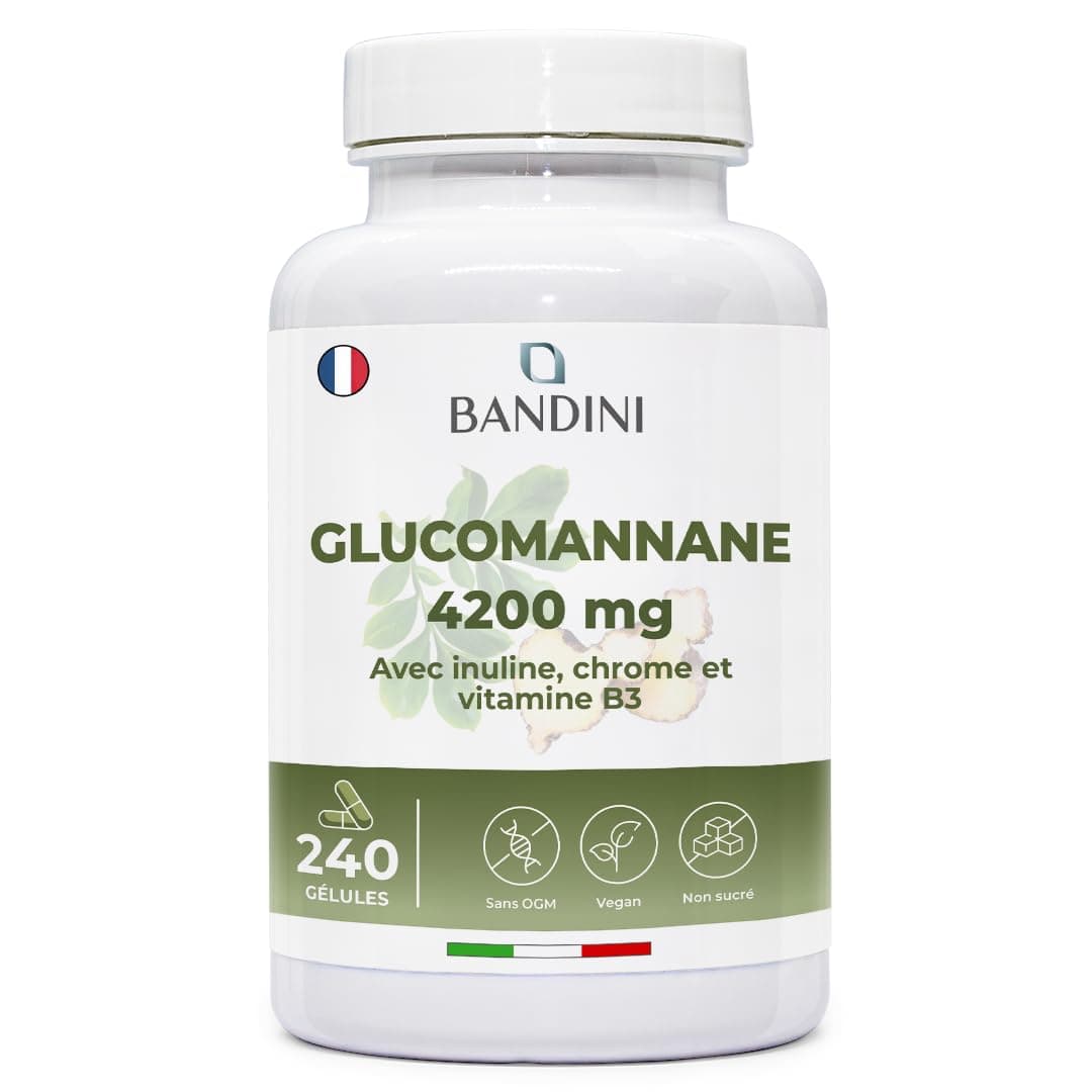 Bandini® Glucomannane Konjac Extra Fort - 240 Gélules 4200mg par jour - Glucomannan enrichi en Chrome, Inuline et Vitamine B3 - Fibre végétale de la racine de konjac - Supplément puissant et efficace
