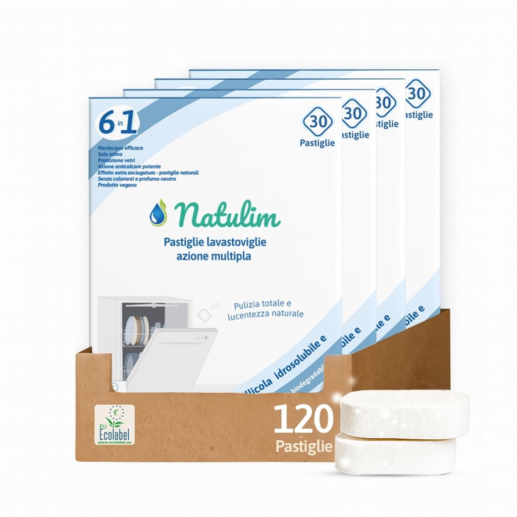 NATULIM - Pastiglie Lavastoviglie Ecologiche Naturali - Capsule Idrosolubili per Lavaggio Efficace e Delicato - 120 Pastiglie