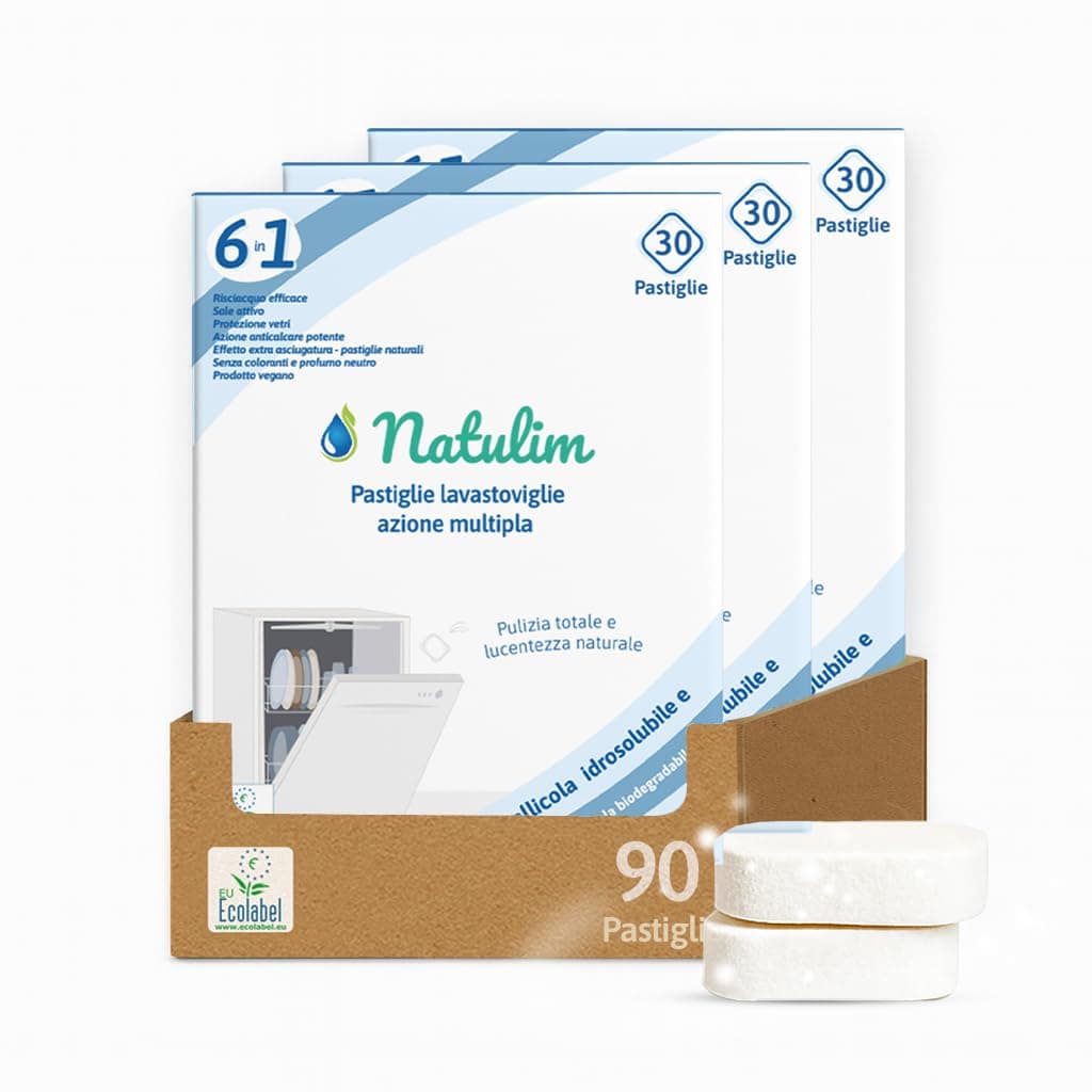Natulim - Pastiglie per lavastoviglie 6 in 1 biodegradabili e idrosolubili, confezione da 30 - Pulizia profonda, risciacquo, funzione sale, protezione vetri, effetto extra dry - 3 confezioni da 30 pz.