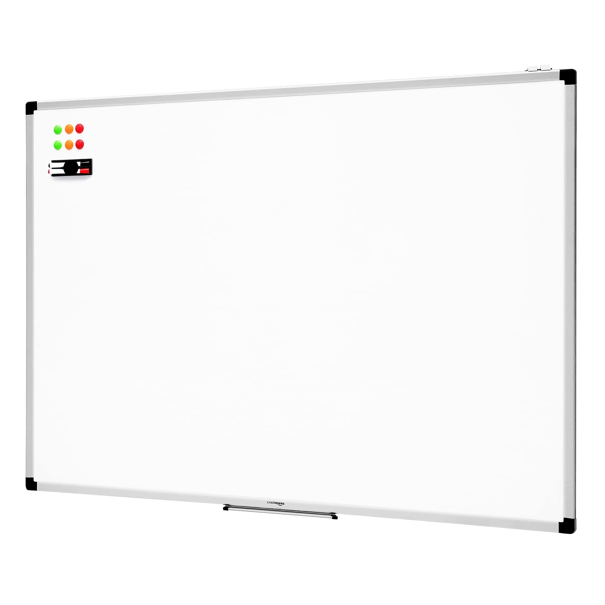 Amazon Basics Pizarra Blanca Magnética con Marco de Aluminio, Bandeja para Rotuladores, 6 Imanes, 1 Borrador y 2 Rotuladores para Uso en Oficina y Hogar, Montaje en Pared, Borrado en Seco, 120 x 90cm
