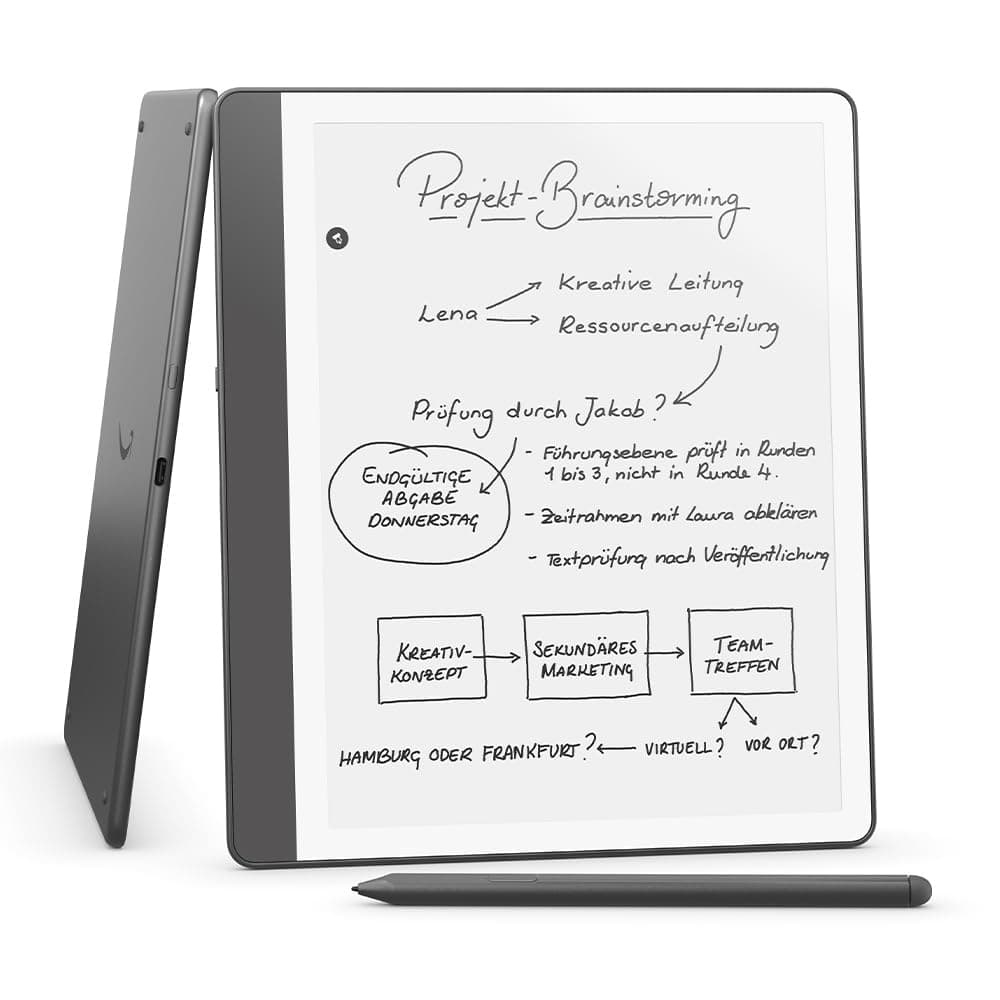 Amazon Kindle Scribe (32 GB) – Neuartiges Display mit gleichmäßigem Rahmen | Schreib einfach in Bücher und Dokumente | Mit Notizbuchzusammenfassung | Mit Premium-Eingabestift – Anthrazit