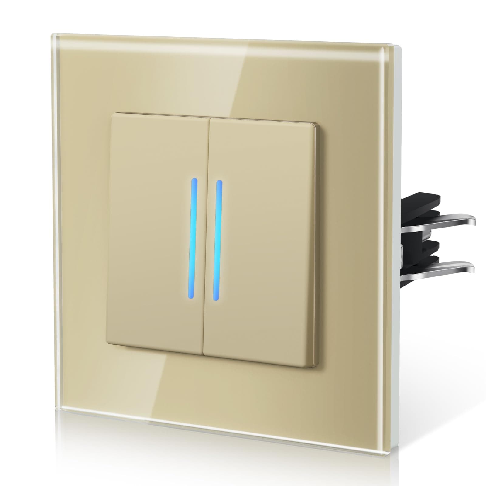BSEED Lichtschalter aus Glas,Unterputz Schalter mit Krallen, Wechselschalter mit Hintergrundlicht, Einfach Montage, NEU E-Serie,2 Fach 2 Wege,86mm Gold