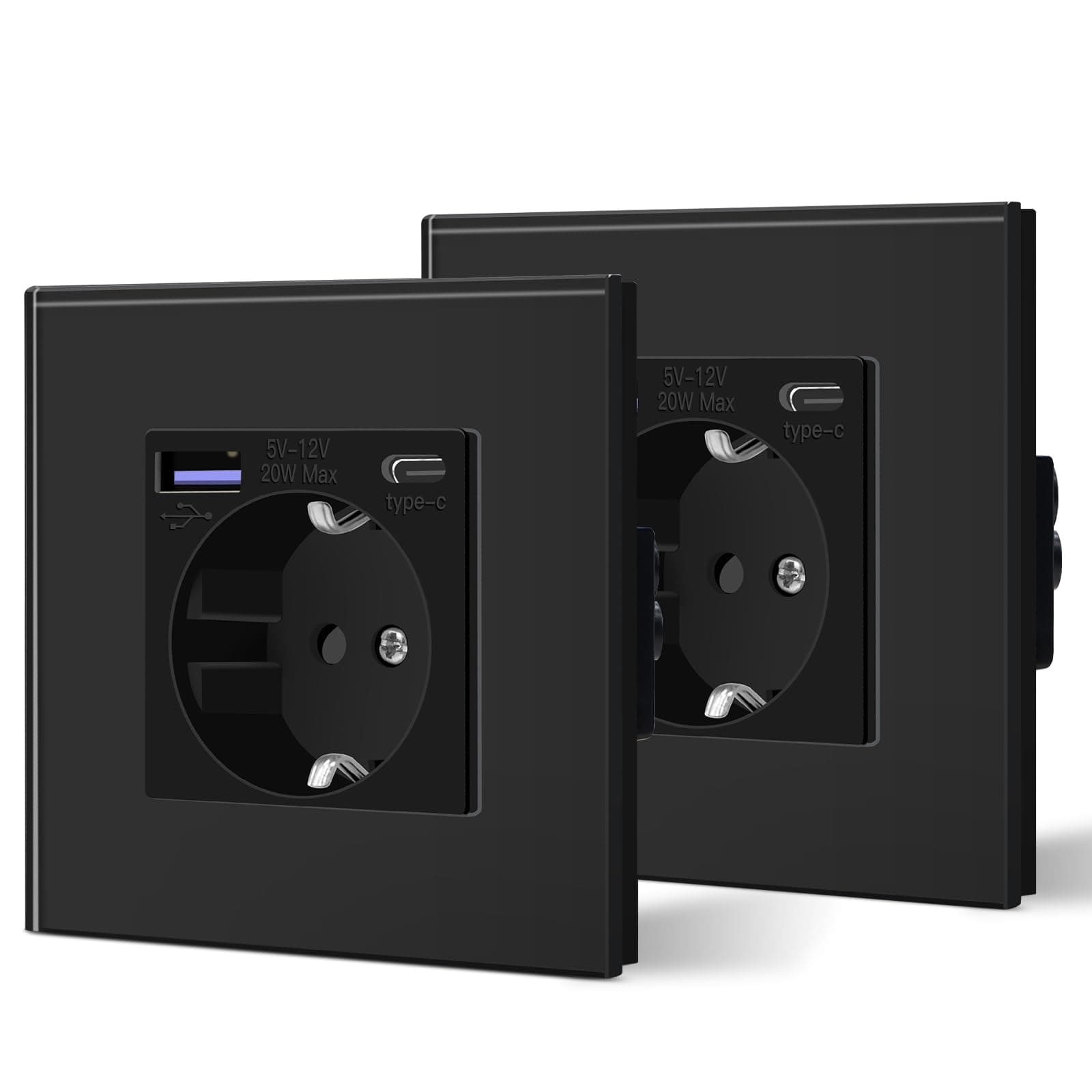 BSEED Enchufe Pared con 20W USB y Tipo C,Enchufe USB C de Cristal,Carga Rápida,3 en 1，Fácil Instalación,1 Enchufe-2 Pack,86mm Negro