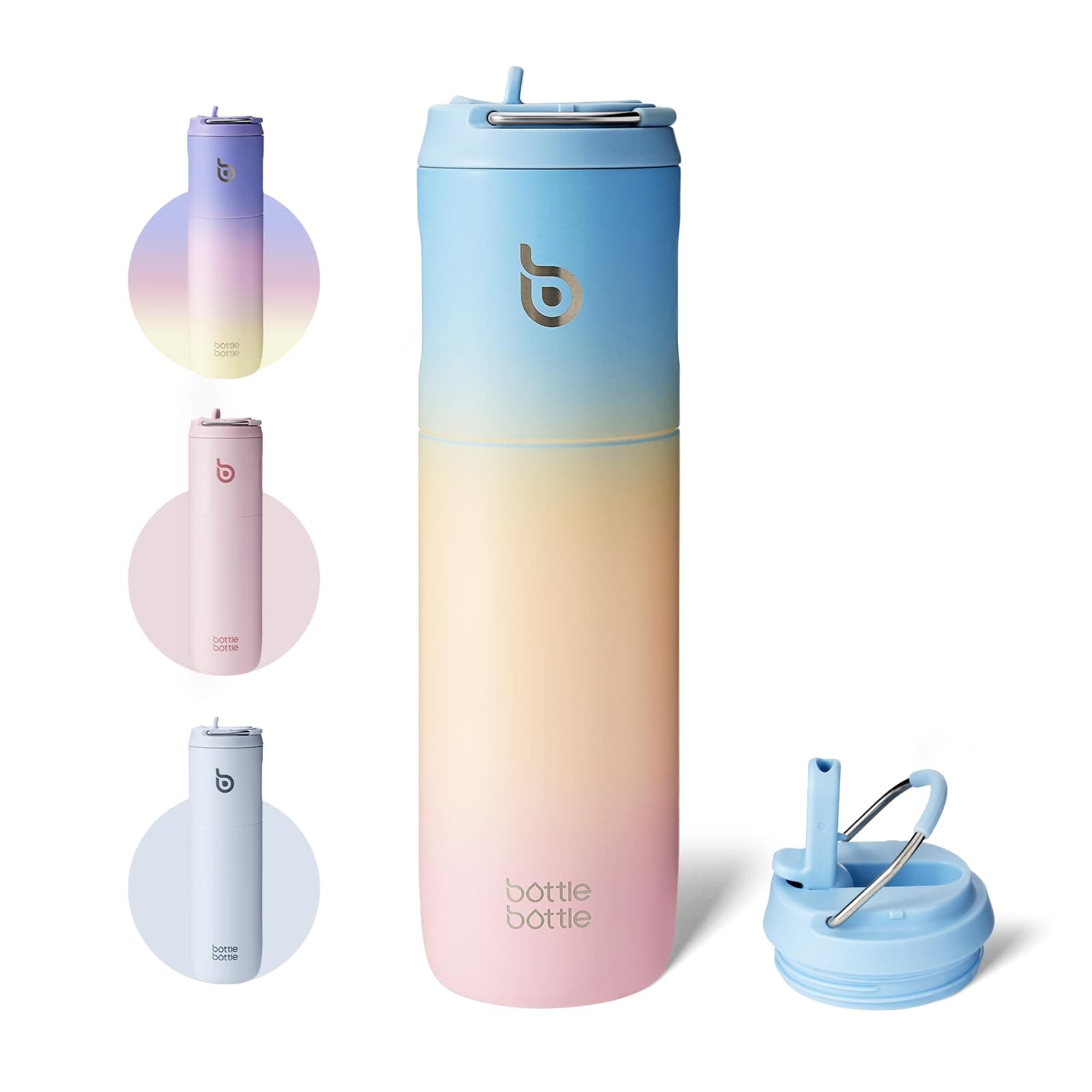 BOTTLE BOTTLE Bouteille d'eau isotherme de 710 ml avec couvercle à paille, poignée, en acier inoxydable à double paroi sous vide, anti-fuite, sans BPA, pour sport, voyage, gym, rose, jaune, bleu
