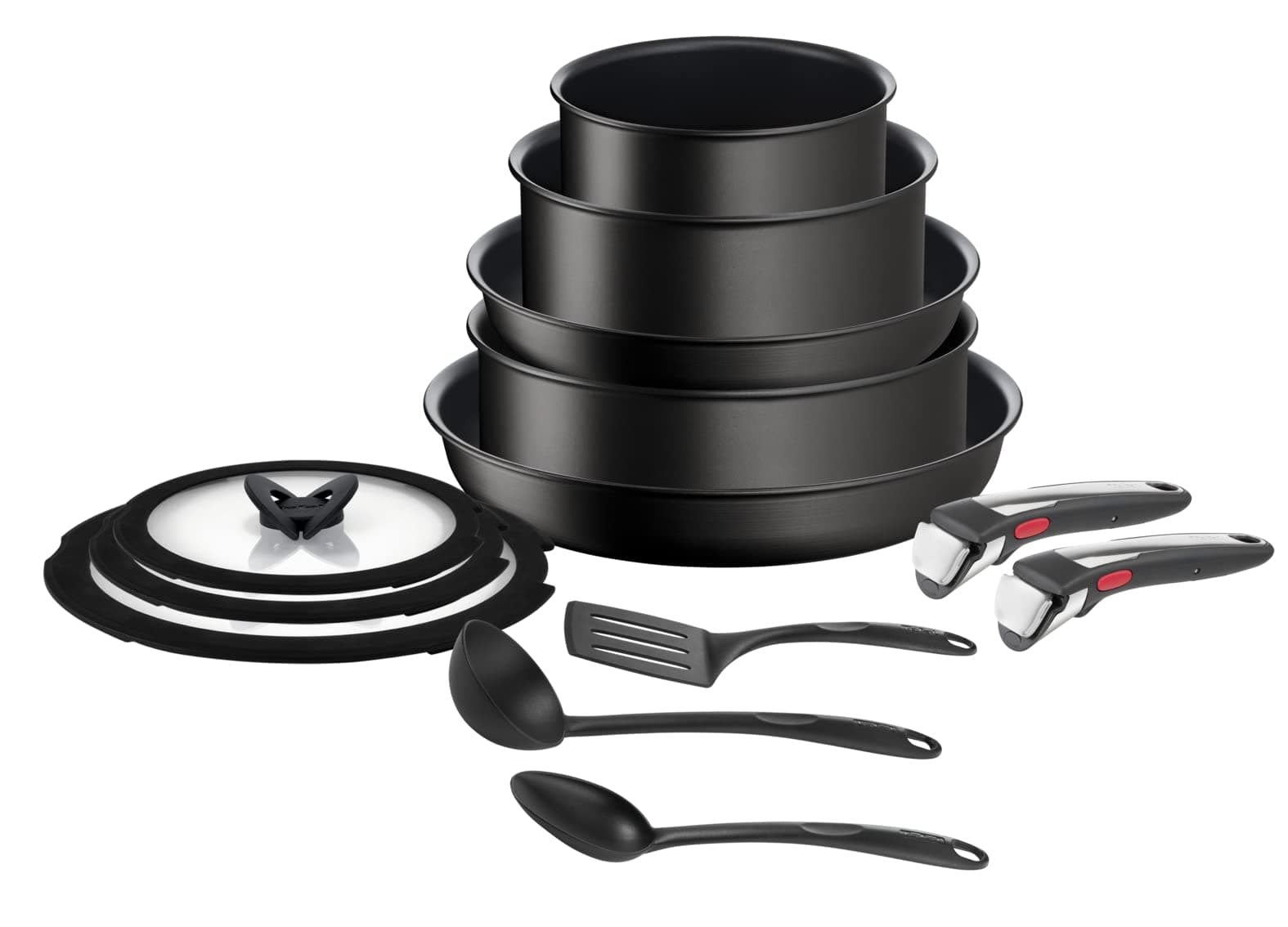 Tefal Ingenio Unlimited On - Juego de 2 Sartenes 24/28 cm + 2 Cazos 16/20 cm + Guisera 24 cm + 2 Mangos extraíbles + 6 Accesorios, Apto inducción, antiadherentes, Thermo-signal
