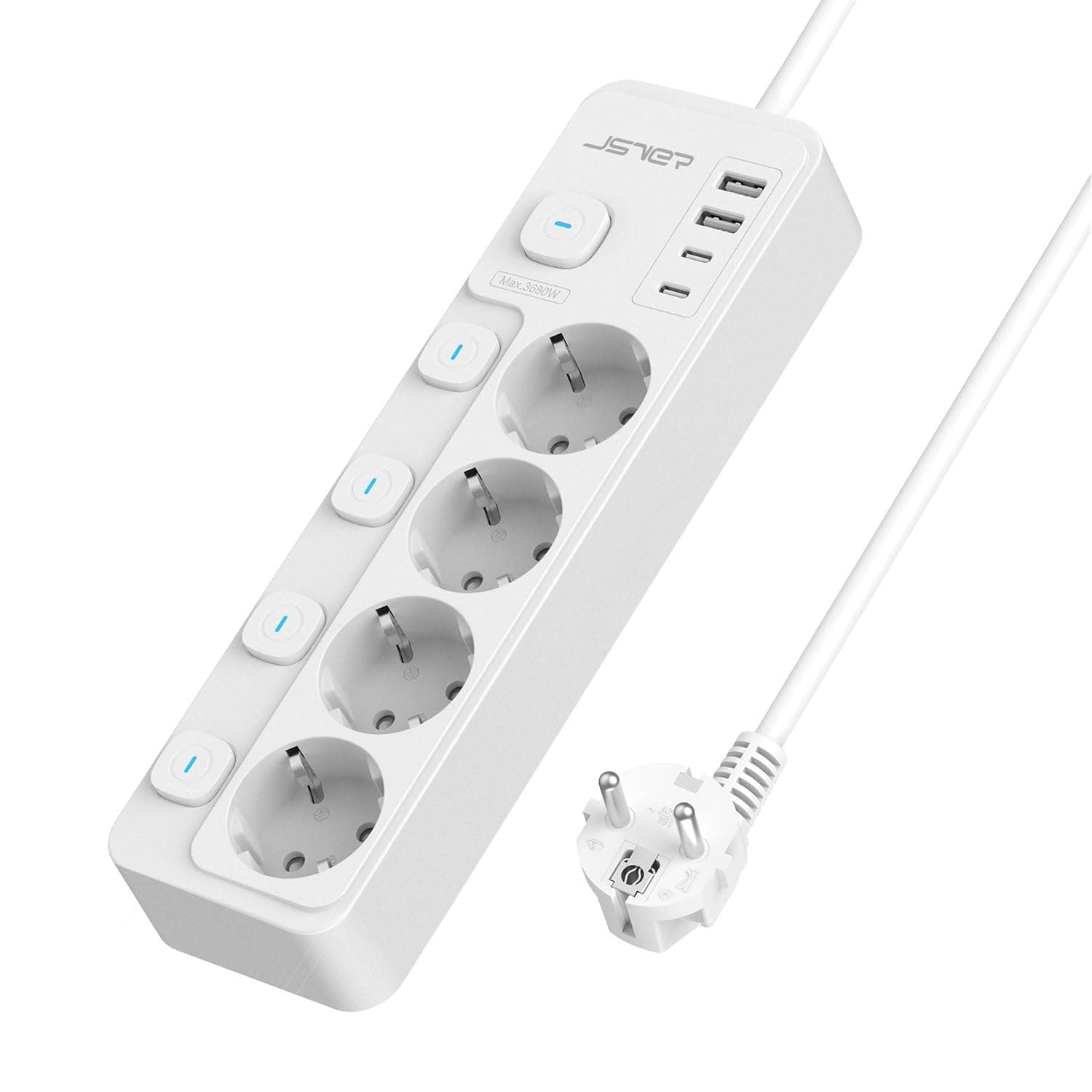 JSVER Regleta Enchufe con 4 Tomas y 4 Puertos de USB,Regleta con Interruptor Individual Enchufe Alargador Multiple con 2 USB C& 2 C,Cable 2m-Blanco