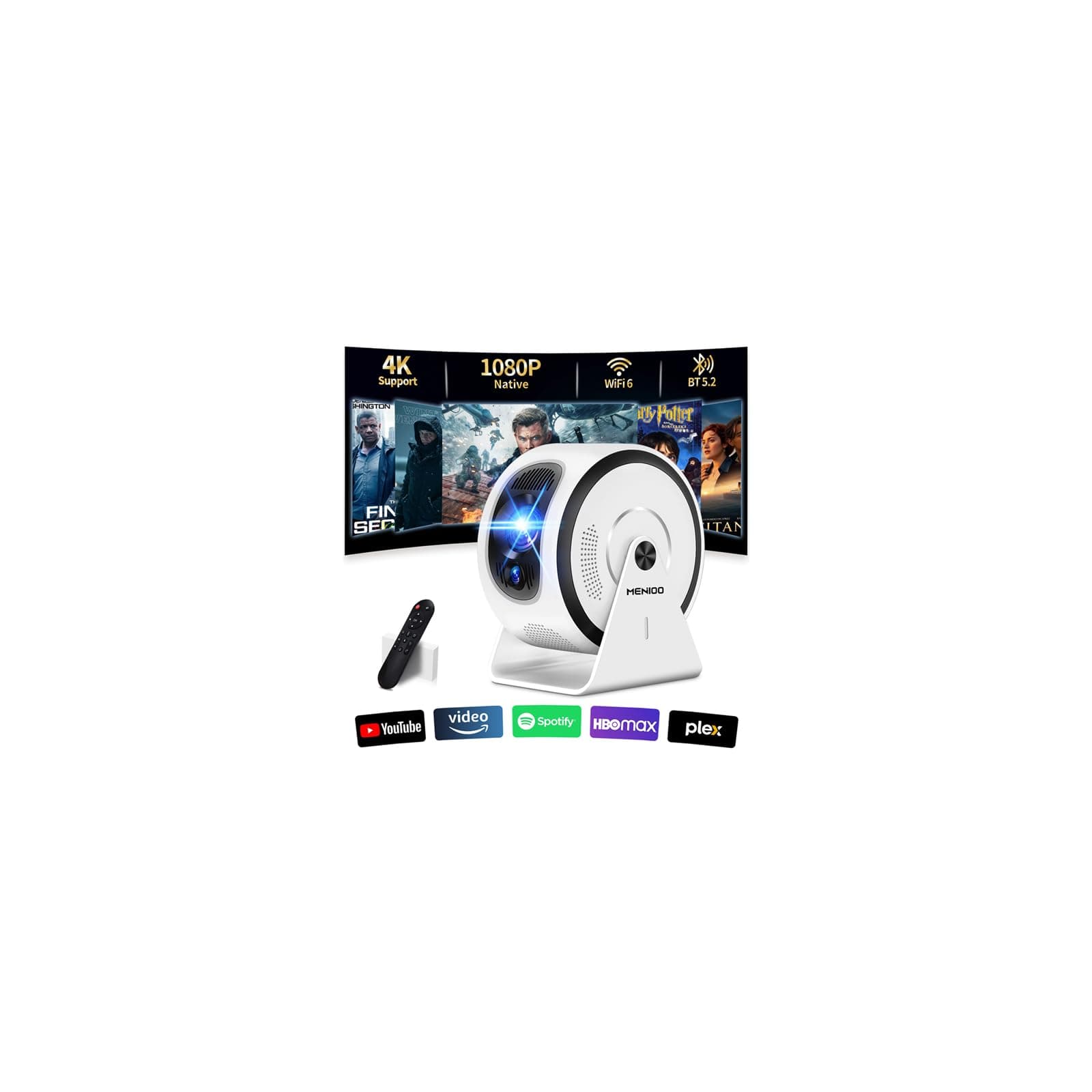 [App integree] Mini Vidéoprojecteur Supporte 4K 1080P 2026 Upgraded AutoFocus & Keystone, Projecteur Correction 360" Rotation avec WiFi 6 etBluetooth 5.4 projecteur avec HDMI/TV Stick/USB/ - Blanc