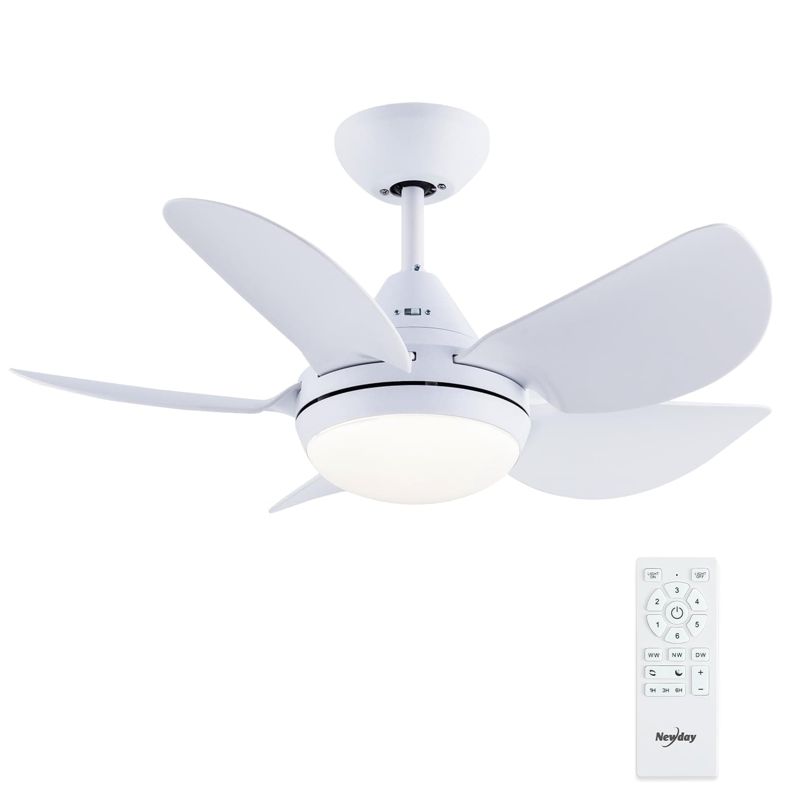 Newday ND-30-1086WT Ventilador de Techo Blanco, 76cm Ventilador Techo Pequeño con Luz y Control Remoto Silencioso, Dimmer sin pasos, 3 Temporizador, Motor DC Reversible, 5 Aspas, Modo de 7 Velocidade