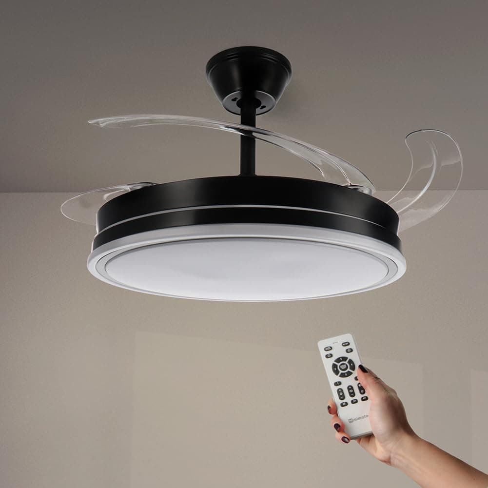 M mimotec - Ventilador de Techo Led Black Olga 66W con luz, mando a Distancia, Bajo consumo, motor DC 30W+Luz Led 36W, 6 velocidades, Silencioso, 4 Aspas desplegables, verano-invierno, temporizador