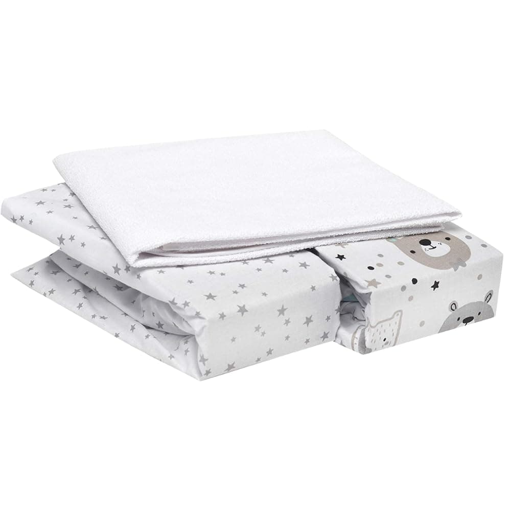 FlyIdeas Set 2 Lenzuola per Next to Me 50x83 cm + 1 Coprimaterasso Next to Me Impermeabile – 100% Cotone – Lenzuola Next2Me Compatibili, Morbide e Traspiranti