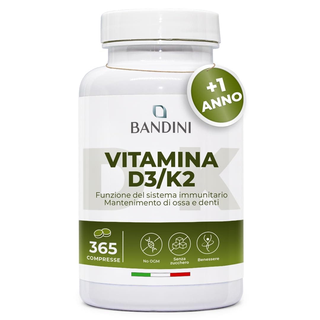 Bandini® Vitamina D3 K2 | 365 COMPRESSE (12 Mesi) | Vitamina D 2000 UI + 200 mcg Vitamin K | Vitamine MK-7 99% All Trans Vit D3+K2 | Per Ossa, Denti, Muscoli, Articolazioni & Sistema Immunitario