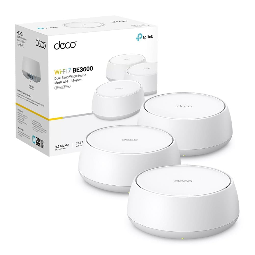 TP-Link WiFi 7 Deco BE25 Mesh WiFi, BE3600Mbps Dual-Band, Router, AP, 2 Porte Ethernet di 2,5 Gbps, 4 Antenne Interne, MLO, AI-Roaming, HomeShield, Funziona con Qualsiasi ISP, Modem e Alexa, 3pz