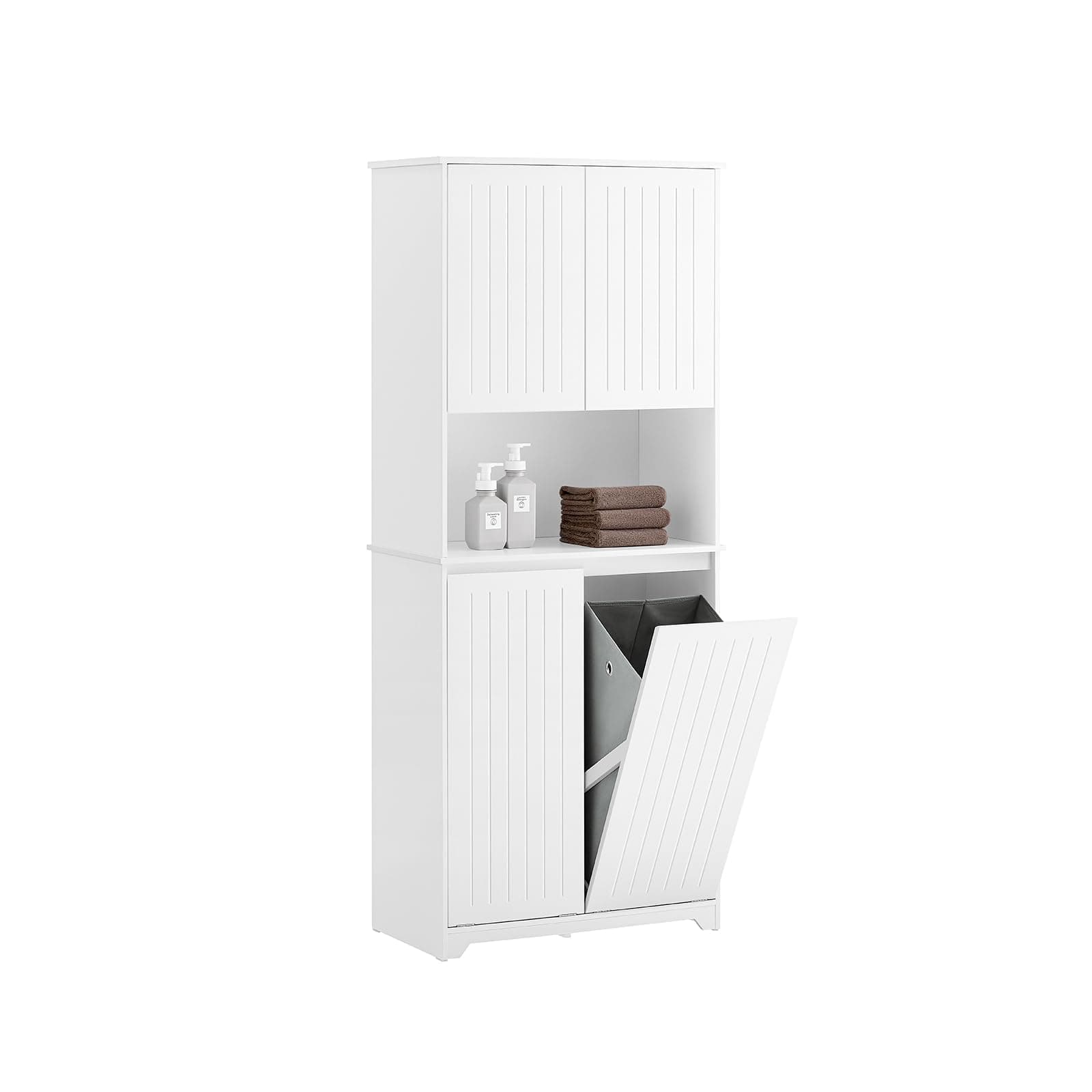 SoBuy Meuble Salle de Bain avec Panier à Linge Colonne Salle de Bain 170 cm avec 2 Portes, Étagère Ouverte et Paniers Amovibles – Meuble Buanderie pour Linge Sale, Blanc, BZR150-W