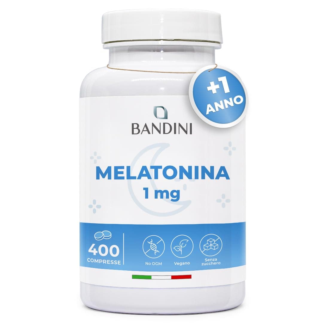 Bandini® Melatonina Forte Pura, 400 Compresse (Scorta + 1 anno), Integratore per Dormire 1mg per Compressa, Facile da Deglutire, Migliora la Qualità del Sonno Regolando il Ciclo Sonno-Veglia, Vegana