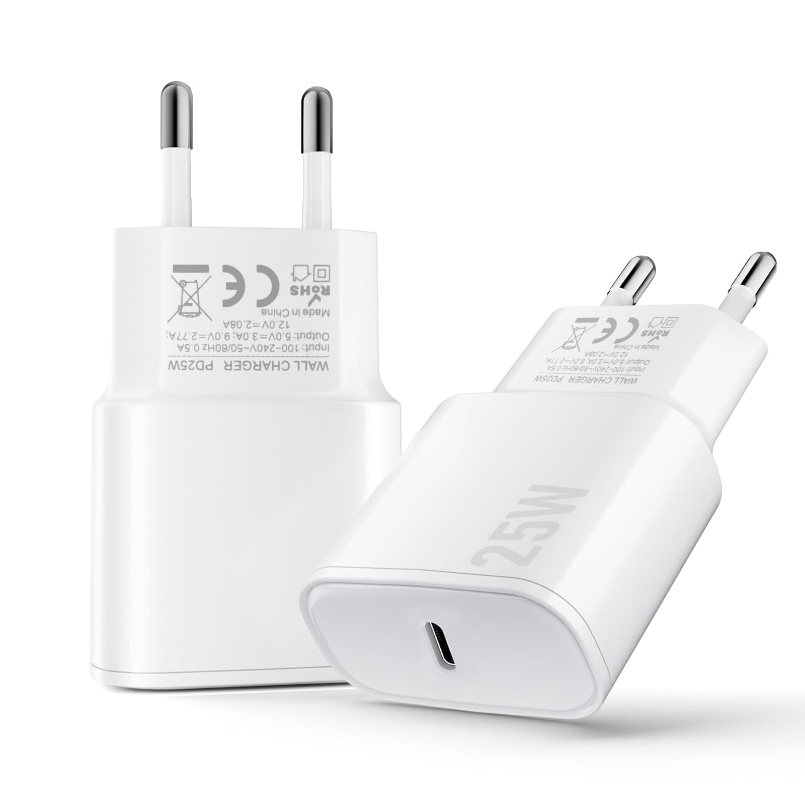 Chargeur USB C, 2 Pack 25W Prise USB C Rapide Secteur Mural Alimentation Adaptateur pour iPhone 17 16 15 14 13 12 11 Pro Max XR XS Tablette Ordinateur Portable