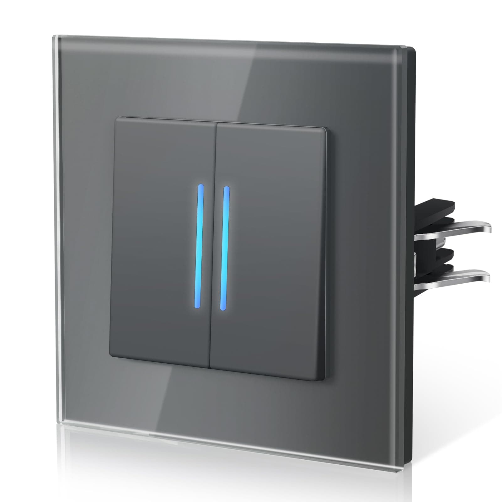 BSEED Lichtschalter aus Glas,Unterputz Schalter mit Krallen, Wechselschalter mit Hintergrundlicht, Einfach Montage, NEU E-Serie,2 Fach 1 Weg,86mm Grau