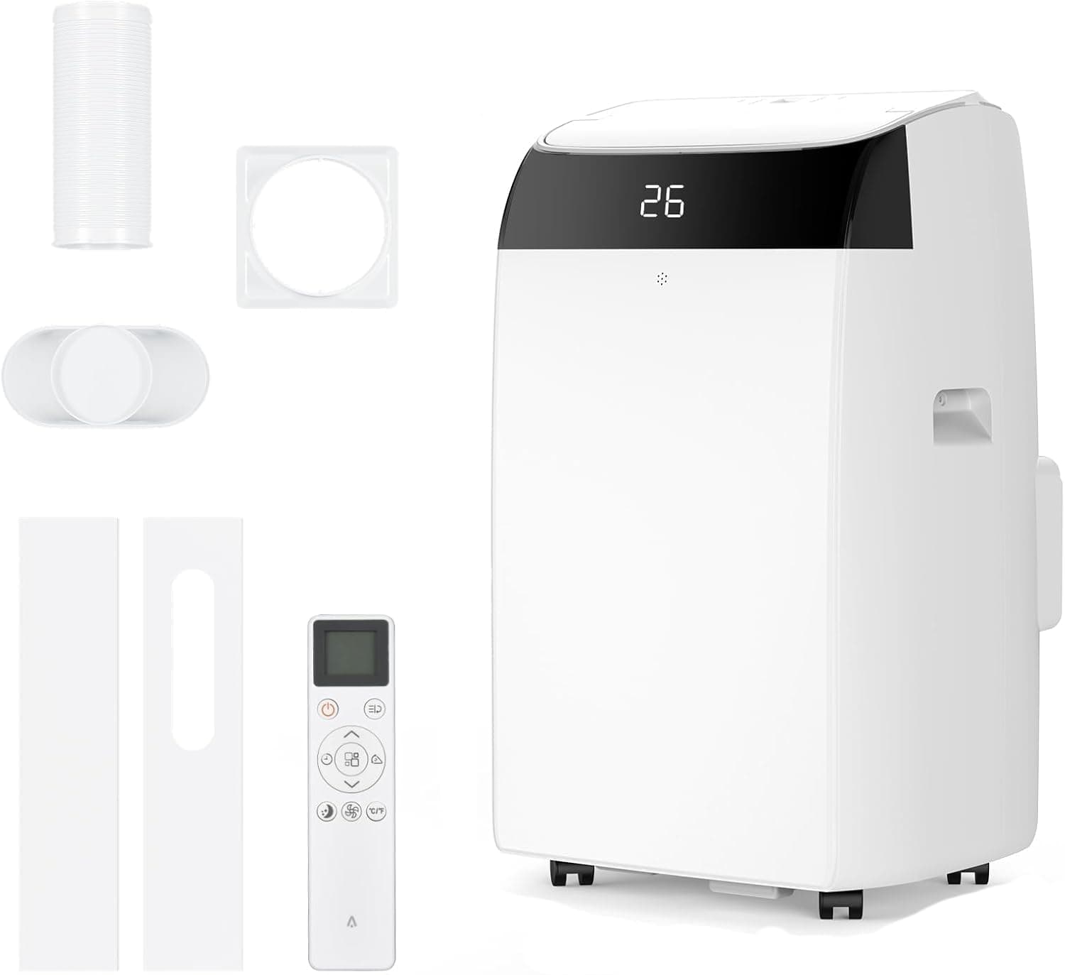 Aire acondicionado portátil 12000 BTU silencioso 4en1 frío ventilación deshumidificación función Sígueme 43-51m² manguera escape pantalla digital mando temporizador 24h (Blanco)
