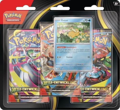 Pokémon-Sammelkartenspiel: 3er-Pack Mega-Entwicklung: Enton (1 holografische Promokarte &amp; 3 Boosterpacks)