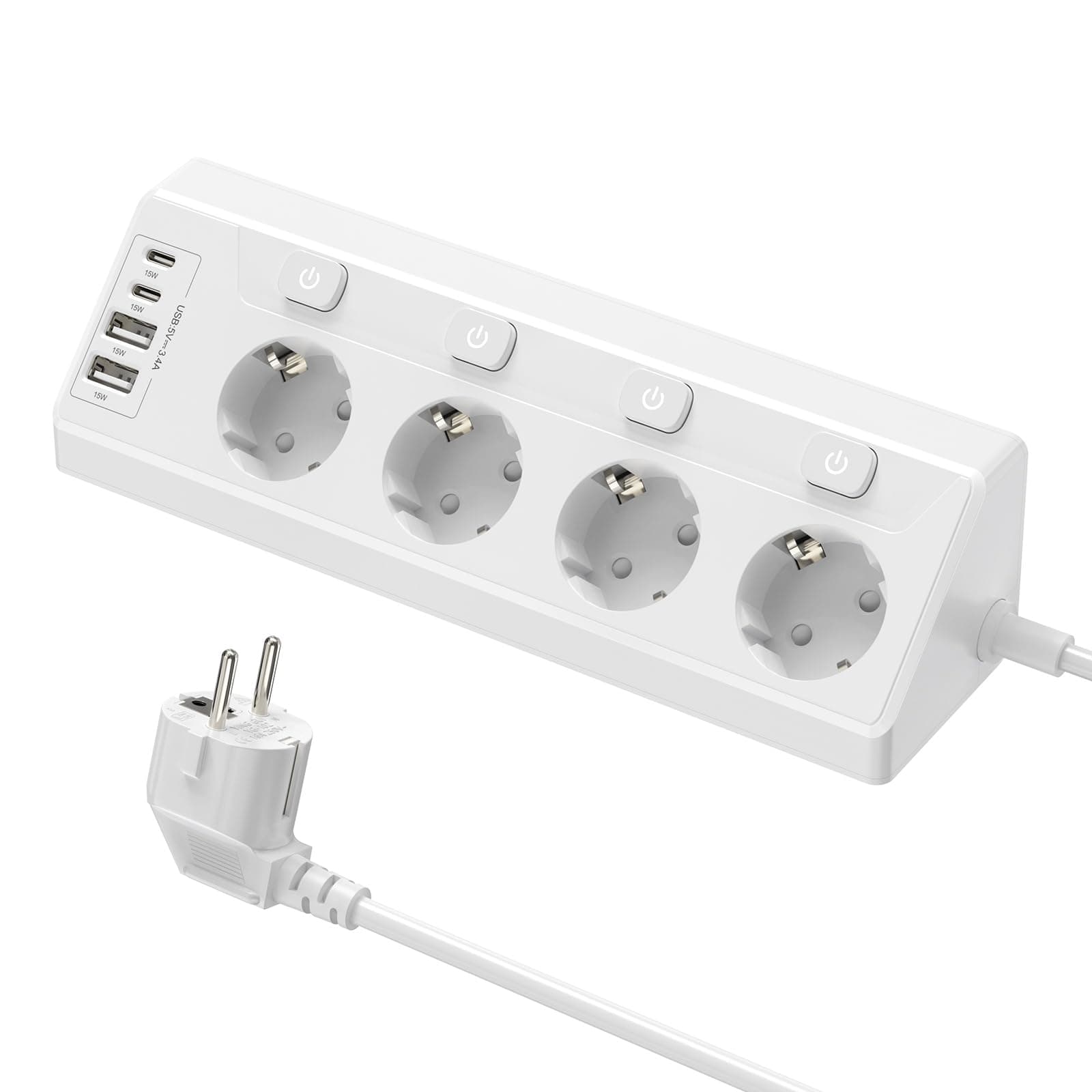 Regleta de Enchufes de Esquina con USB, 4 Enchufes con Interruptor, Regleta Múltiples con 2 USB y 2 Type-C, Protección contra Sobretensiones 8 en 1 con Cable de 2M para Smartphones, Tabletas, Blanco