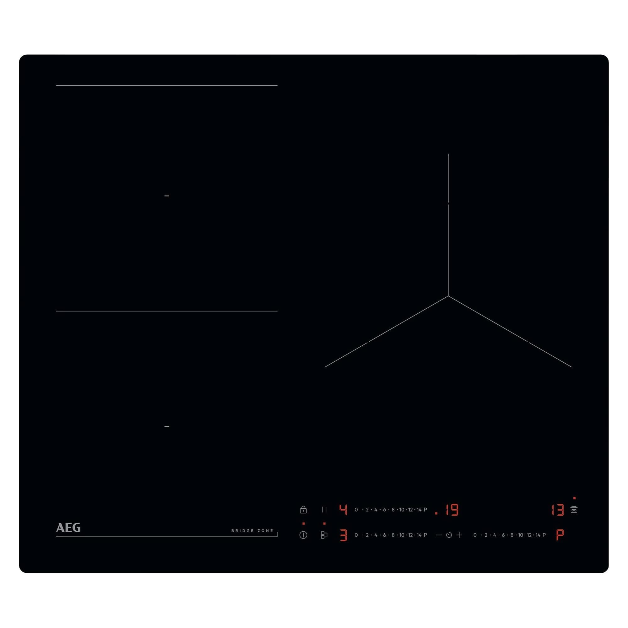 AEG TO63IQ0BIB Placa de Inducción, 60 cm, 3 Zonas de Cocción, FlexiPuente, Sistema Hob2Hood, Función PowerBoost y Pausa, Controles Deslizantes Independientes, Temporizador Individual, Sin Marco, Negro