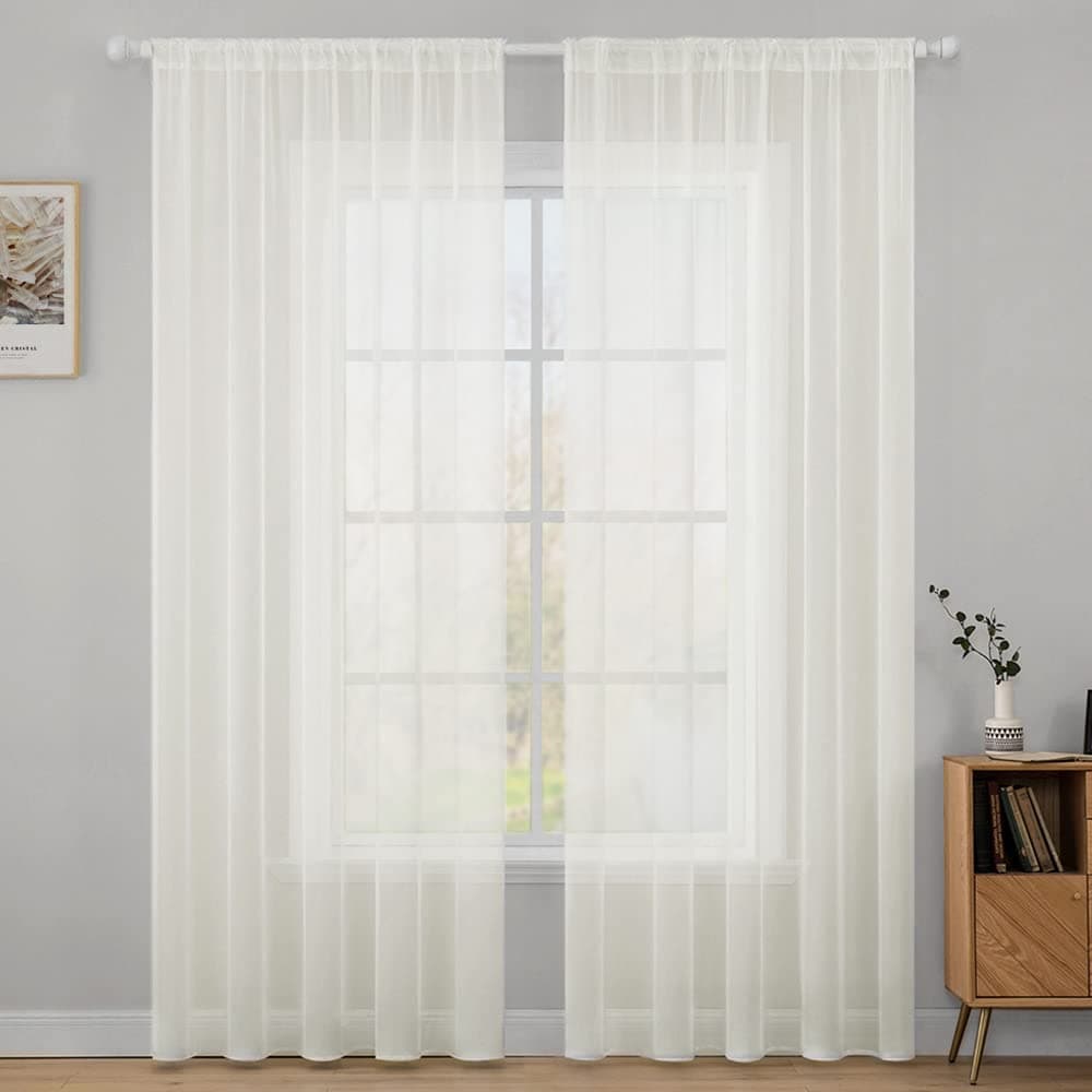 MIULEE 2er Set Voile Vorhang Transparente Gardine aus Voile Polyester Stangendurchzug Transparent Wohnzimmer Luftig Dekoschal für Schlafzimmer Elfenbein 245 x 140cm (H x B), Rod Pocket
