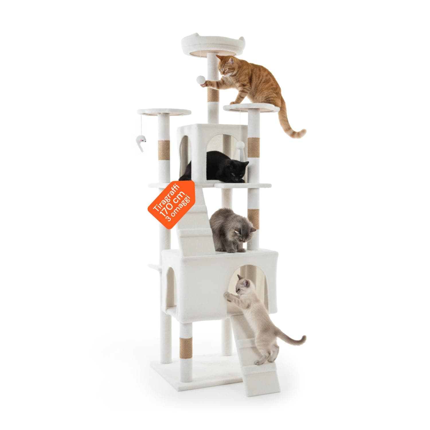 Wintem Tiragraffi da 170Cm con Cuccia per Gatti Albero Parco Giochi Gioco Tira Graffi per Gatto (Bianco)