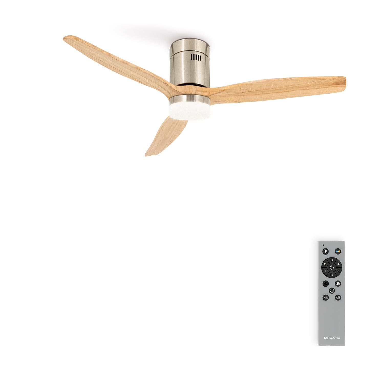 CREATE / WINDCALM M/Ventilateur de plafond ABS avec lumière niquel pales effet bois clair/Silencieux, minuterie, Puissance, 40W, Ø132 cm