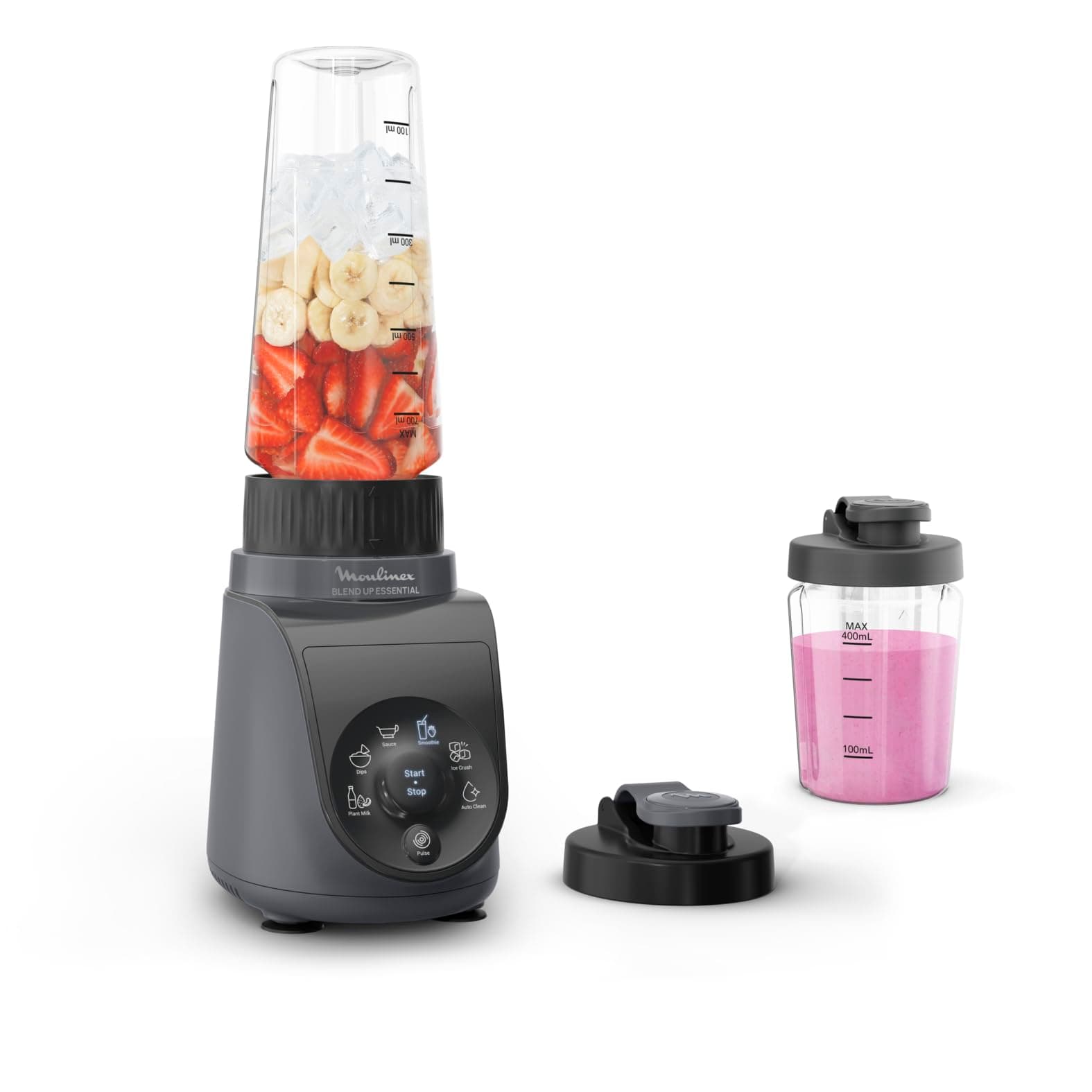 Moulinex Blend Up Essential, Batidora de vaso, 800 W, 6 Programas automáticos, 2 Botellas con tapa para llevar, Cuchillas Powelix, Color Gris, LM1EHBF0