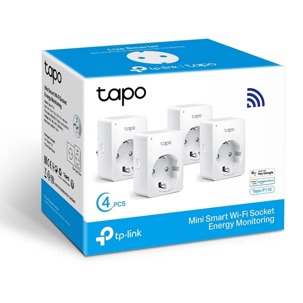 Tapo P110 (4 paquetes) – Mini enchufe inteligente Wi-Fi (con monitoreo de energía), programación encendido/apagado, ahorro de energía, compatible con Alexa y Google Home