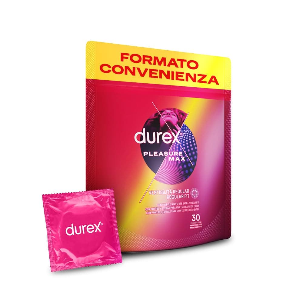 Durex Pleasuremax, Preservativi con Rilievi e Nervature, Formato Convenienza, Confezione Riciclabile Salvaspazio, 30 Profilattici