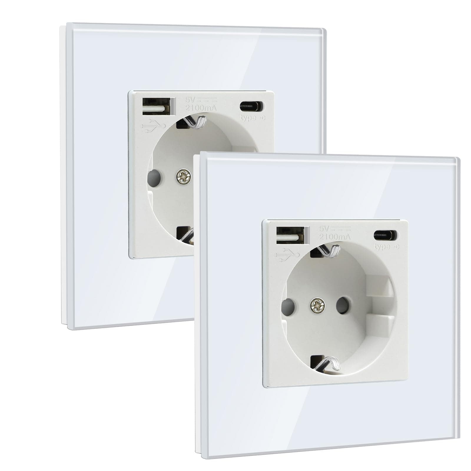 BSEED Enchufe Schuko con USB A y USB C 1 Gang 2 Pack, Enchufe de Pared con USB 16A con Placa de Cristal 86 * 86mm, Blanco
