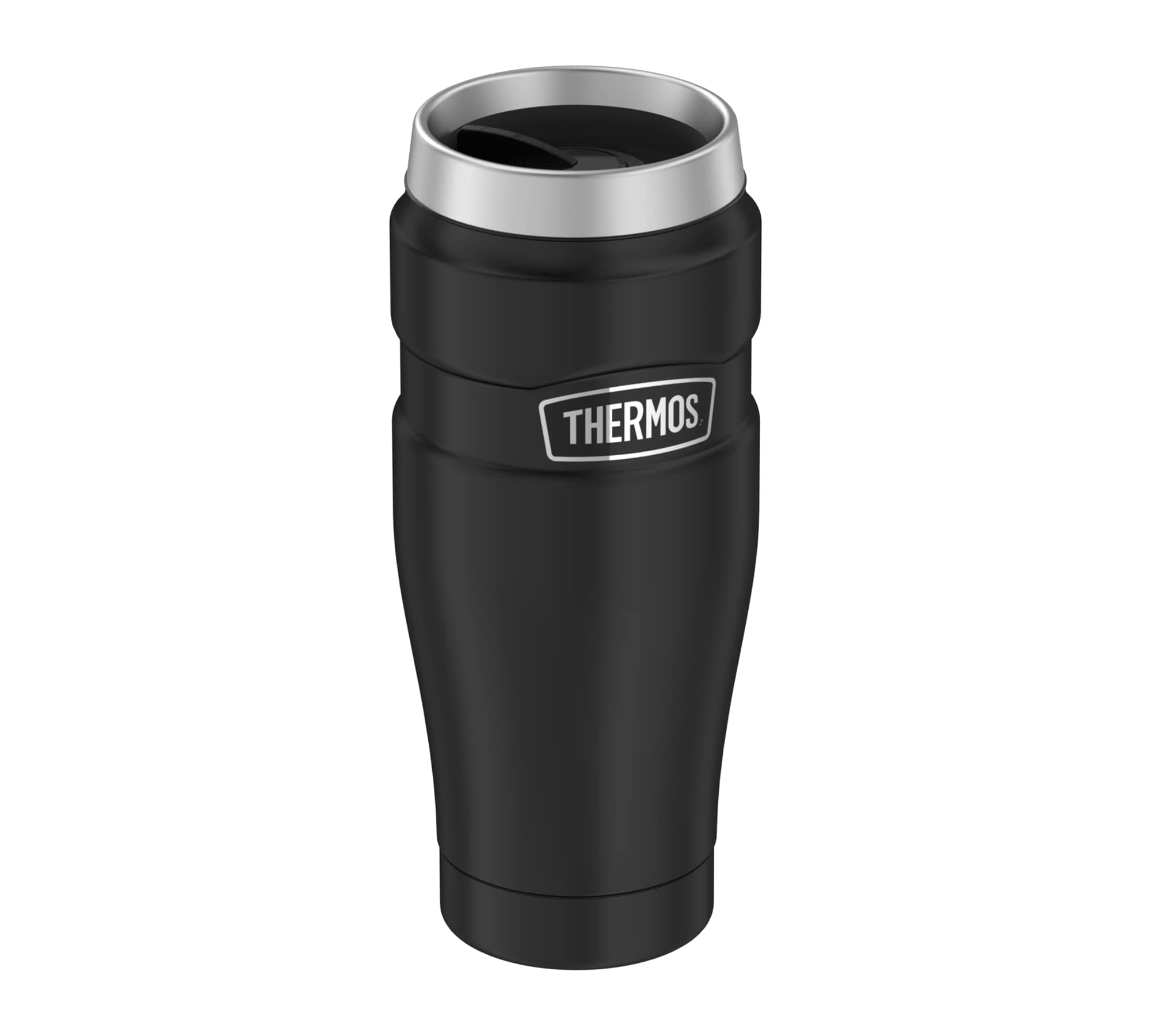 Thermos STAINLESS KING Thermobecher aus Edelstahl schwarz matt 0,47l - Coffee to Go Becher, absolut dicht, spülmaschinenfest, 7h heiß & 18h kalt, mit Haken für Teebeutel, BPA-frei