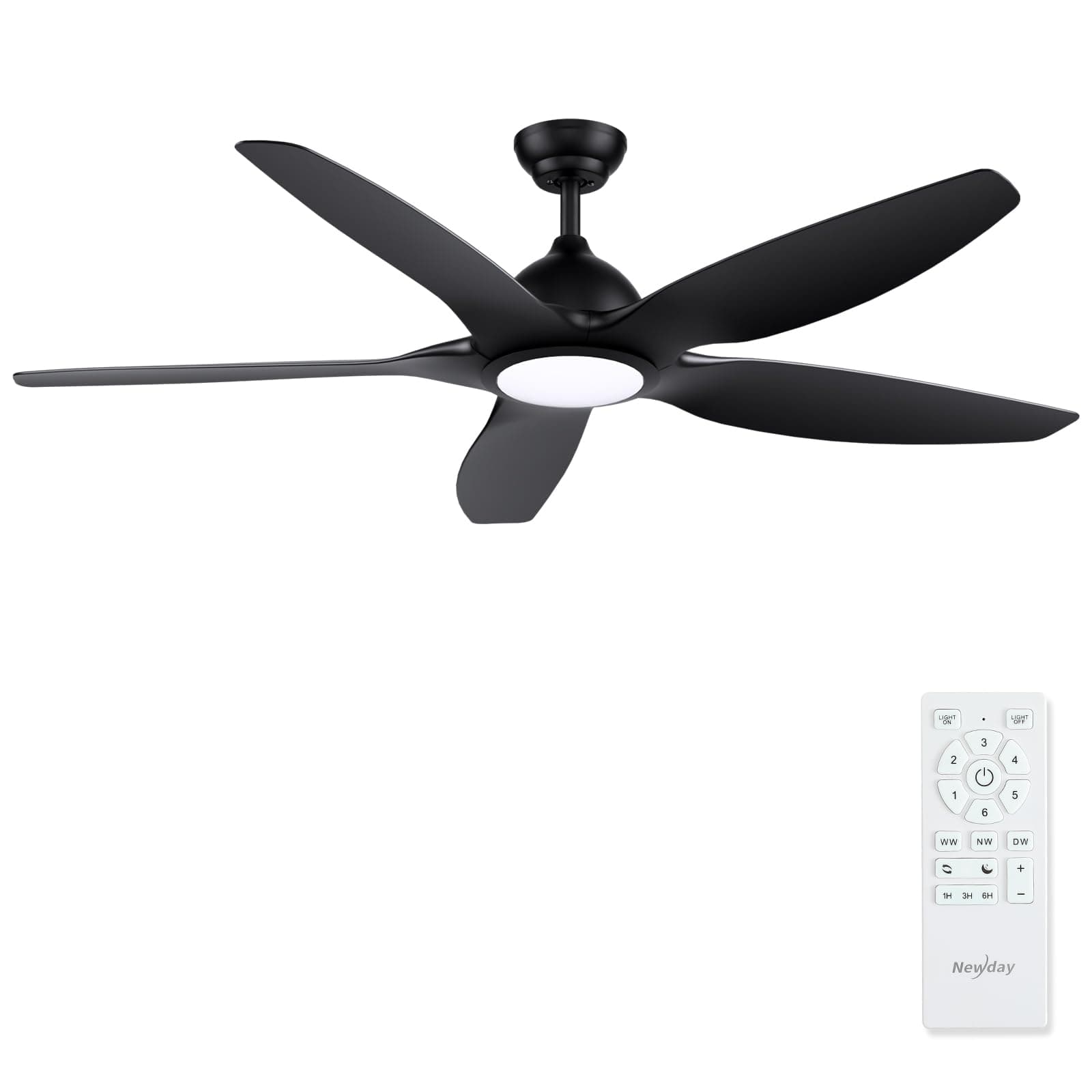 Newday Ventilador de Techo Negro 153cm Con Luz, Mando a Distancia, 3 Temporizador, 5 Aspas Grande, Dimmer Silencioso Para Sala de Estar