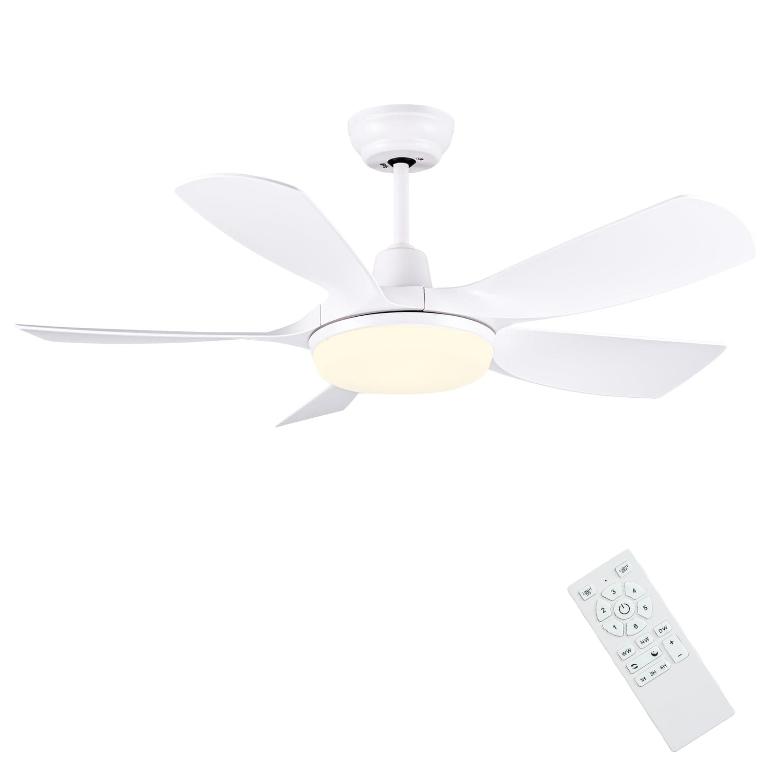 Newday Ventilador de Techo Blanco con luz y Mando a Distancia, 106cm Silencioso Ventilador de Techo con Iluminación Dimmer, Motor DC, 5 Aspas, 7 Modos de Velocidad, Función de Memoria, 3 Temporizador
