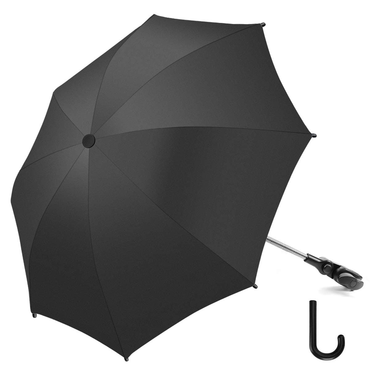 RIOGOO Parasol Poussette Universal 50+ UV Parapluie de protection solaire pour bébé et nourrisson avec poignée parapluie pour landau, poussette, poussette et poussette-Noir